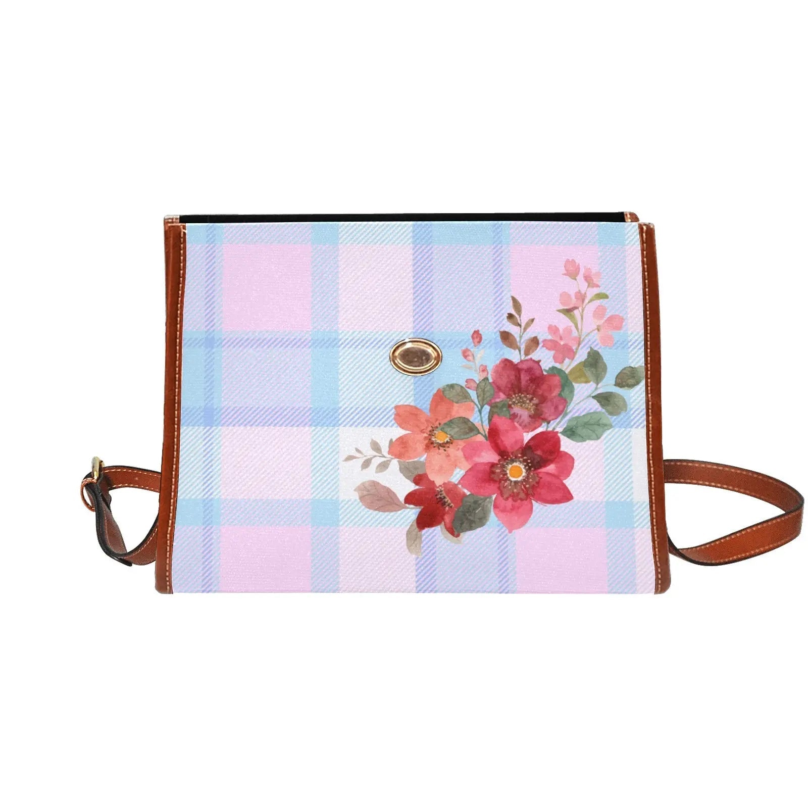 Personalized Waterproof Canvas Shoulder Strap Bag Tartan Flower Design - Piryoung Shop