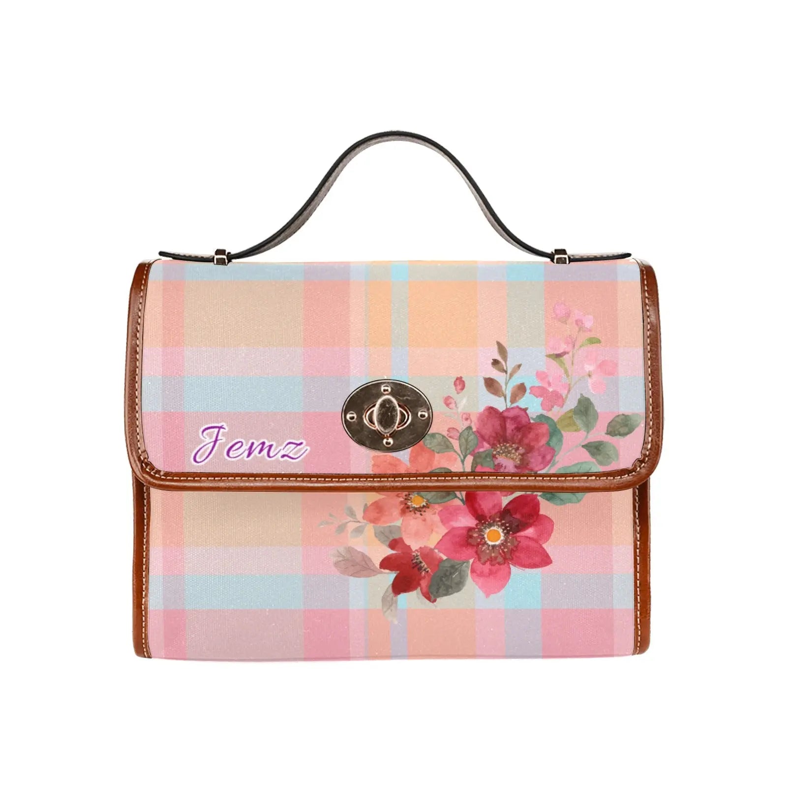 Personalized Waterproof Canvas Shoulder Strap Bag Tartan Flower Design - Piryoung Shop