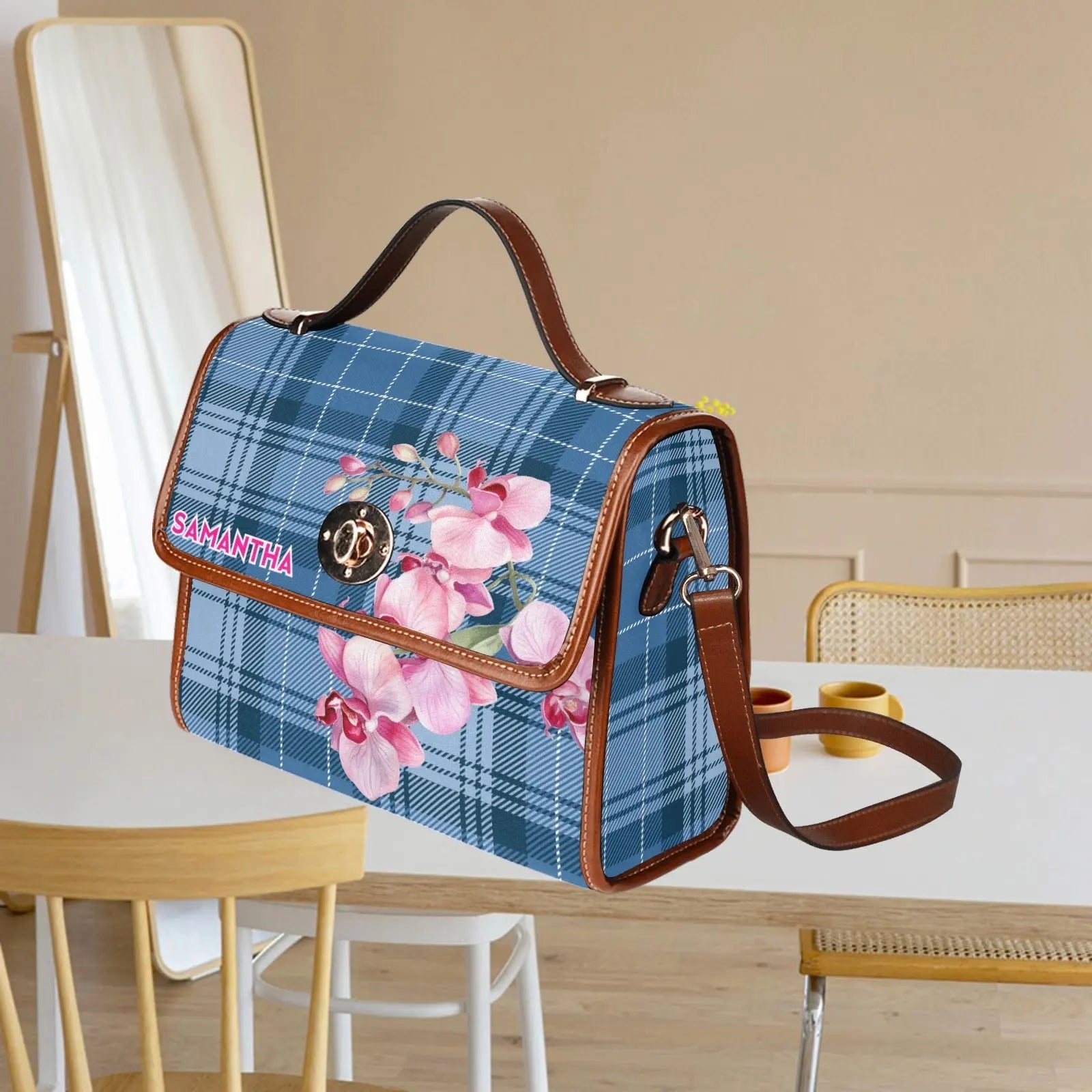 Personalized Waterproof Canvas Shoulder Strap Bag Tartan Flower Design - Piryoung Shop