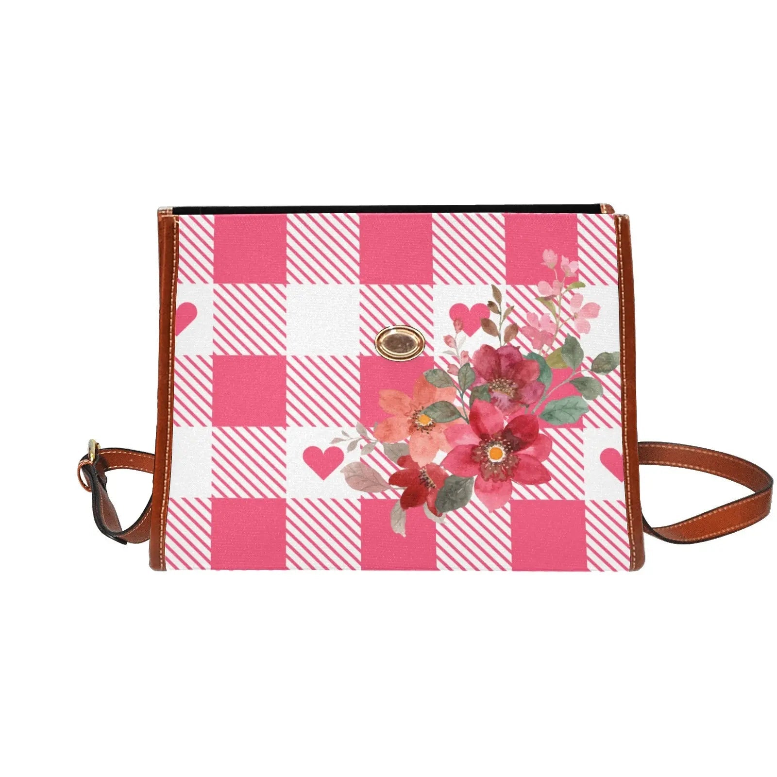 Personalized Waterproof Canvas Shoulder Strap Bag Tartan Flower Design - Piryoung Shop