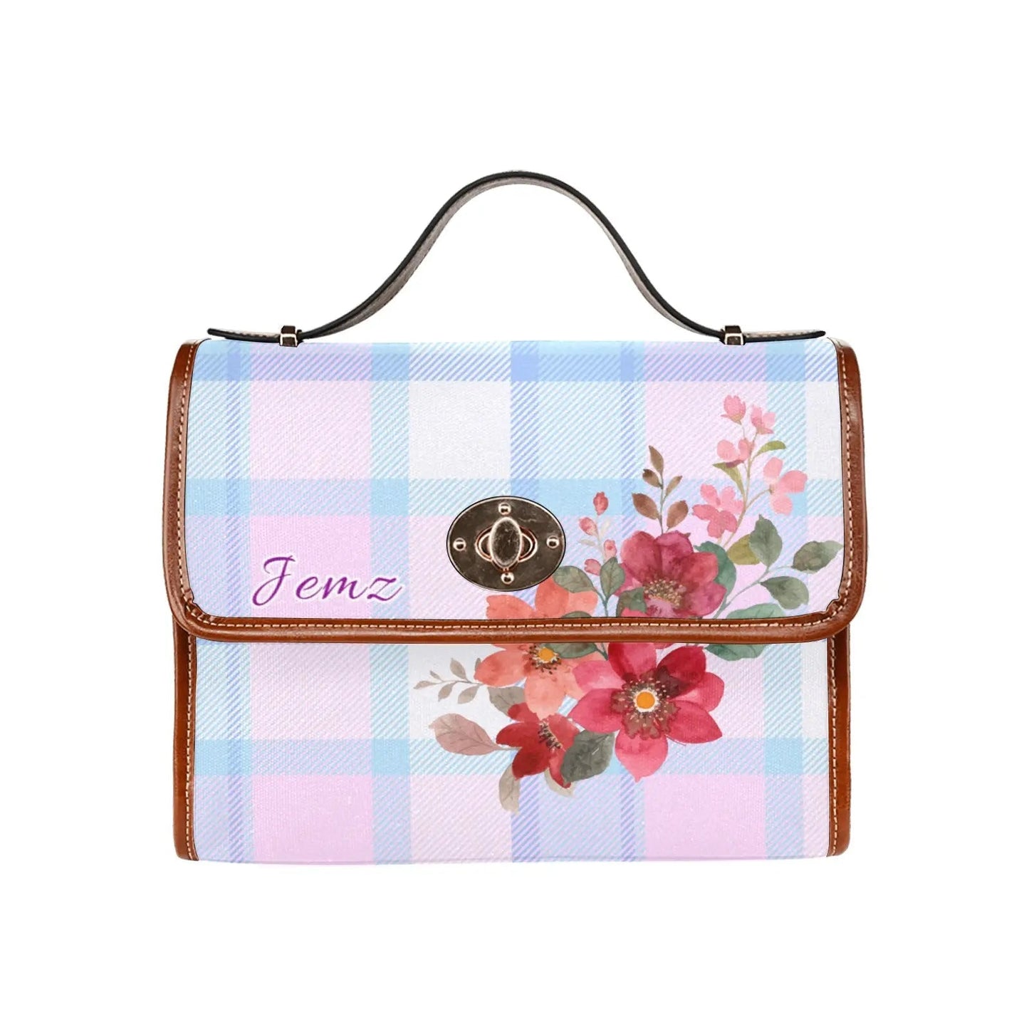 Personalized Waterproof Canvas Shoulder Strap Bag Tartan Flower Design - Piryoung Shop