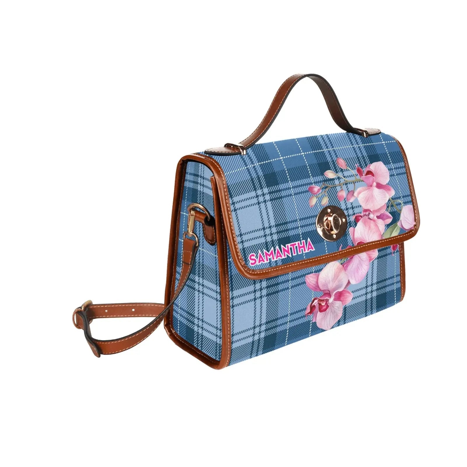 Personalized Waterproof Canvas Shoulder Strap Bag Tartan Flower Design - Piryoung Shop