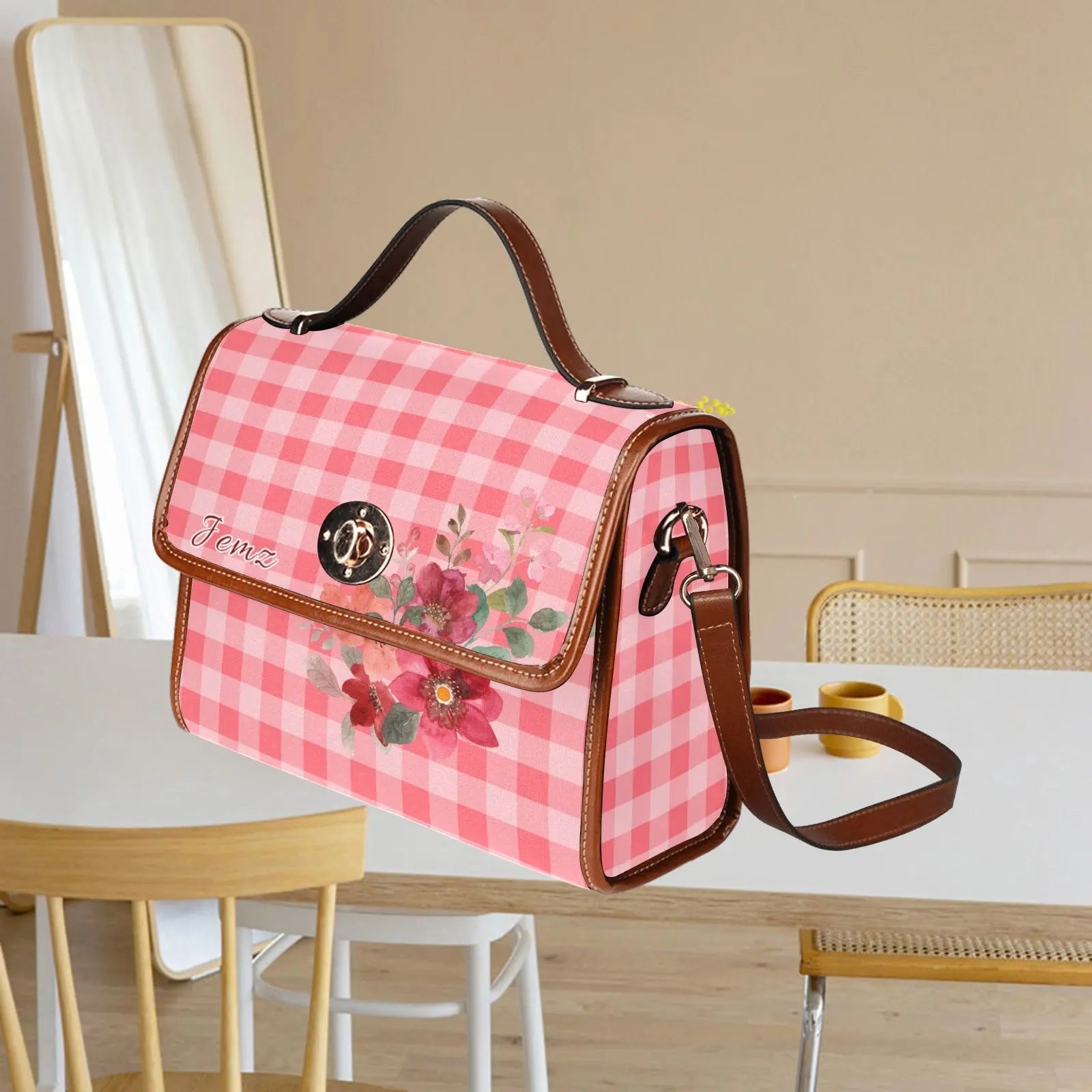 Personalized Waterproof Canvas Shoulder Strap Bag Tartan Flower Design - Piryoung Shop