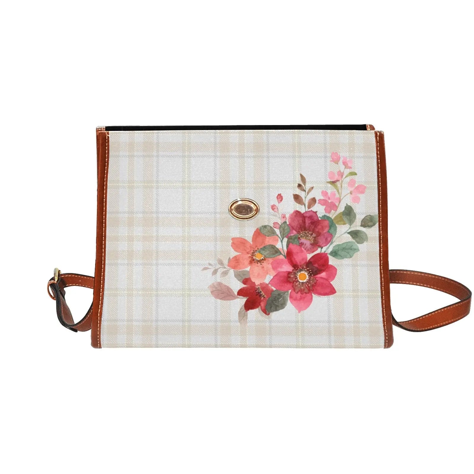 Personalized Waterproof Canvas Shoulder Strap Bag Tartan Flower Design - Piryoung Shop