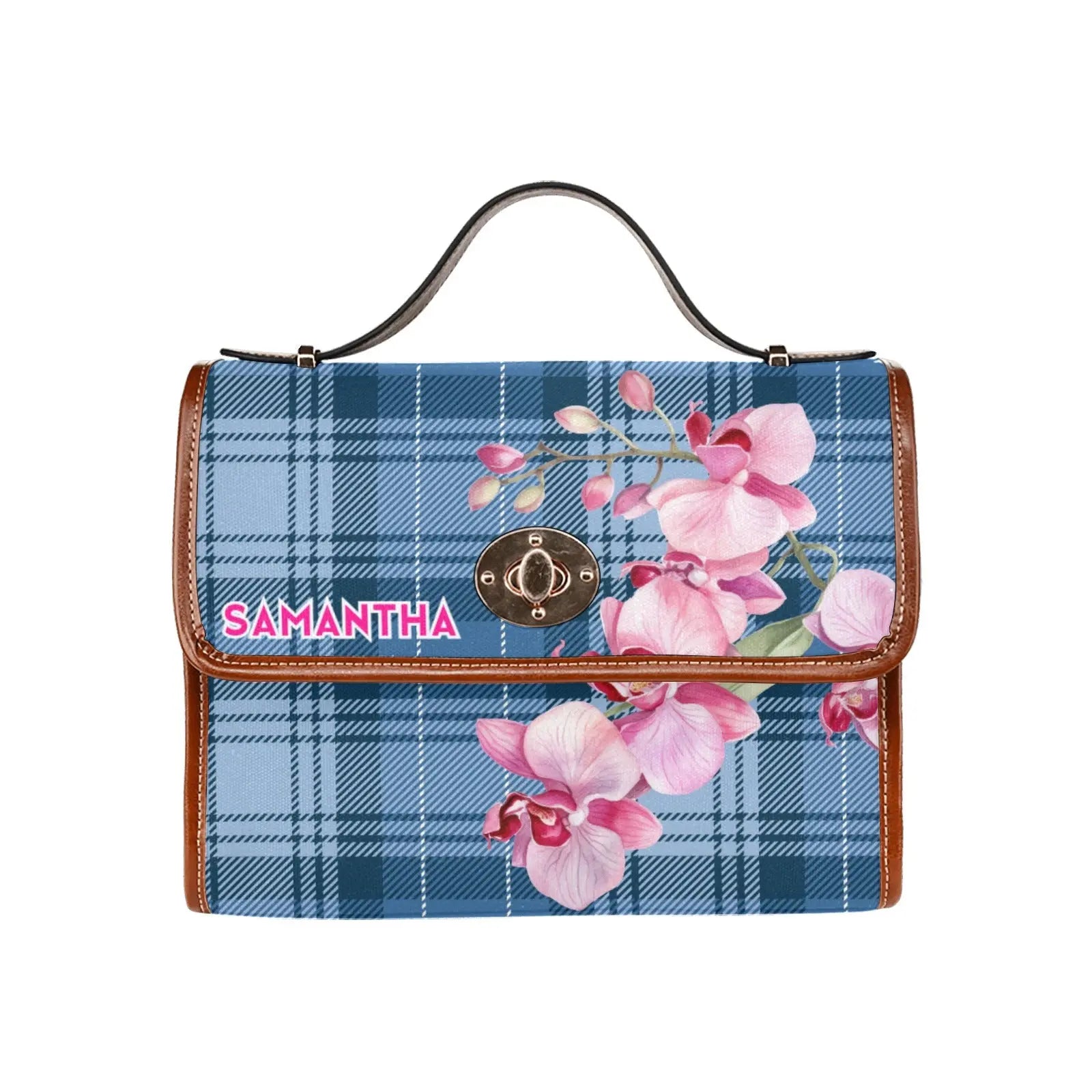 Personalized Waterproof Canvas Shoulder Strap Bag Tartan Flower Design - Piryoung Shop