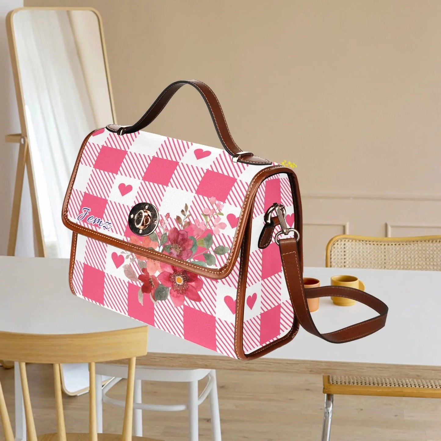 Personalized Waterproof Canvas Shoulder Strap Bag Tartan Flower Design - Piryoung Shop