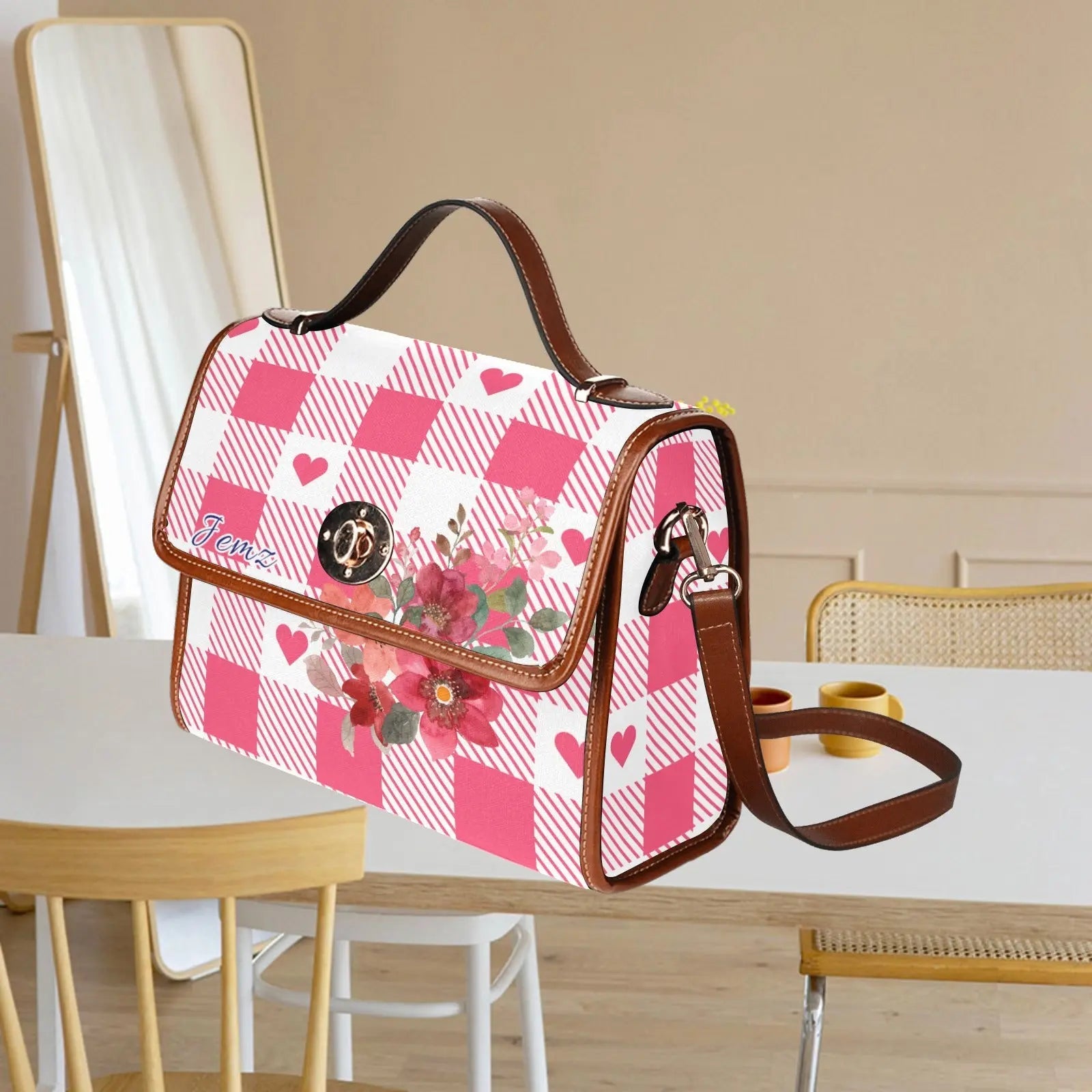 Personalized Waterproof Canvas Shoulder Strap Bag Tartan Flower Design - Piryoung Shop