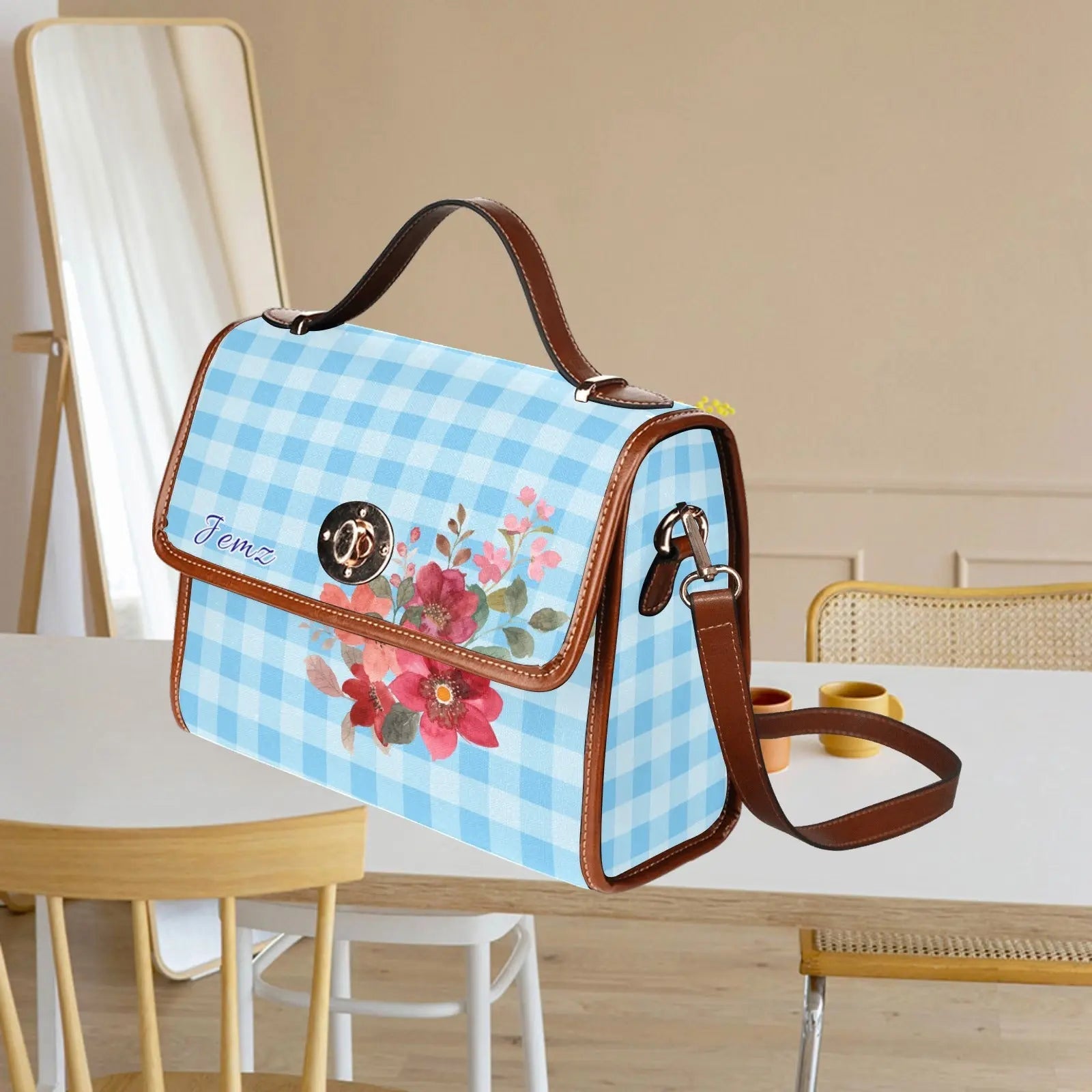 Personalized Waterproof Canvas Shoulder Strap Bag Tartan Flower Design - Piryoung Shop