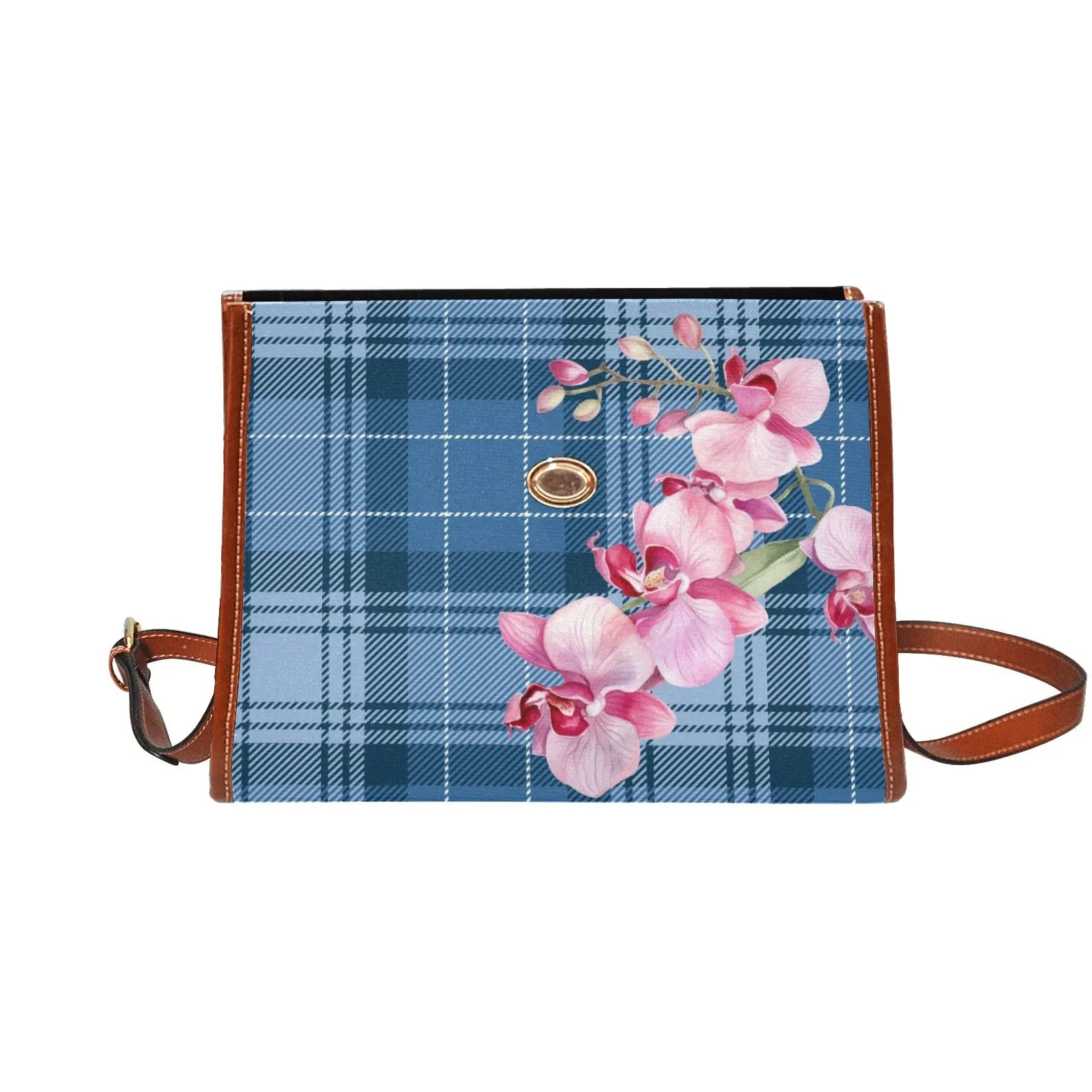 Personalized Waterproof Canvas Shoulder Strap Bag Tartan Flower Design - Piryoung Shop