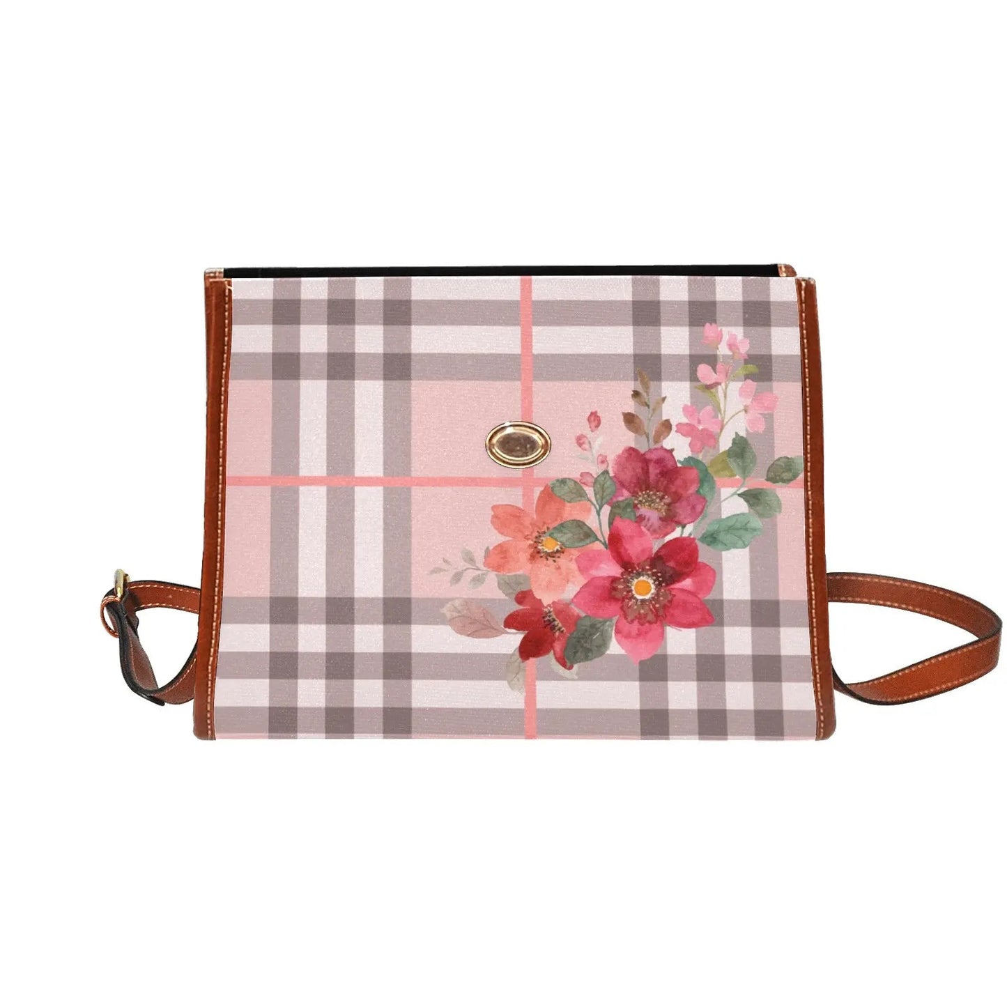 Personalized Waterproof Canvas Shoulder Strap Bag Tartan Flower Design - Piryoung Shop