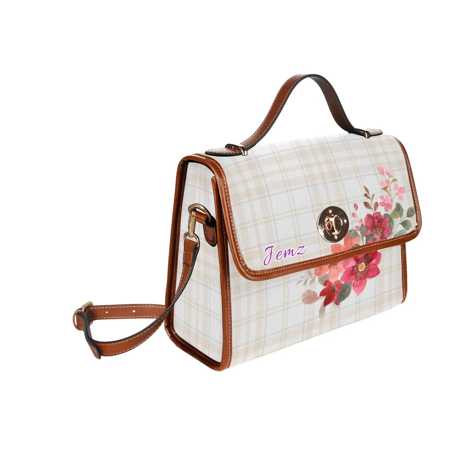 Personalized Waterproof Canvas Shoulder Strap Bag Tartan Flower Design - Piryoung Shop