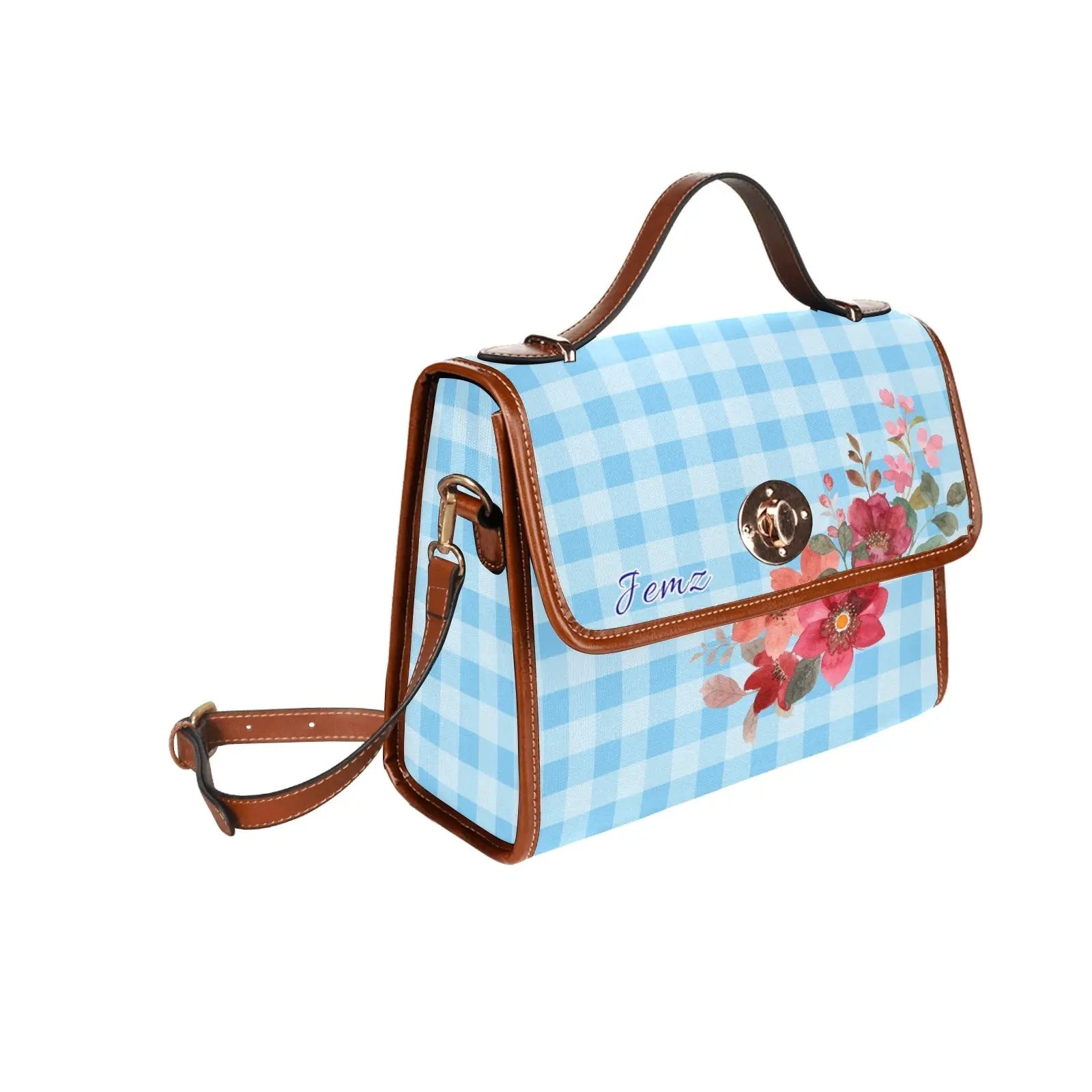 Personalized Waterproof Canvas Shoulder Strap Bag Tartan Flower Design - Piryoung Shop