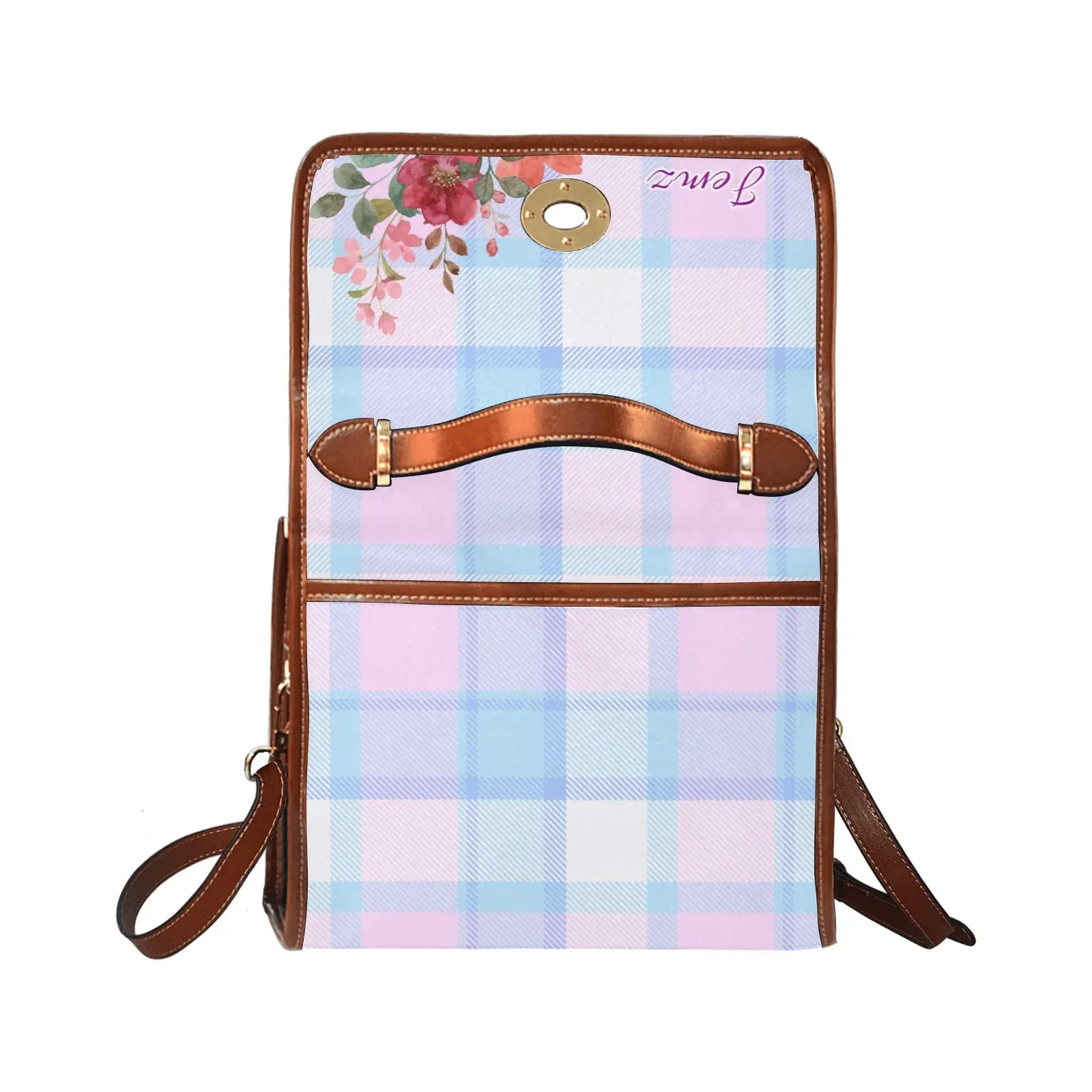 Personalized Waterproof Canvas Shoulder Strap Bag Tartan Flower Design - Piryoung Shop