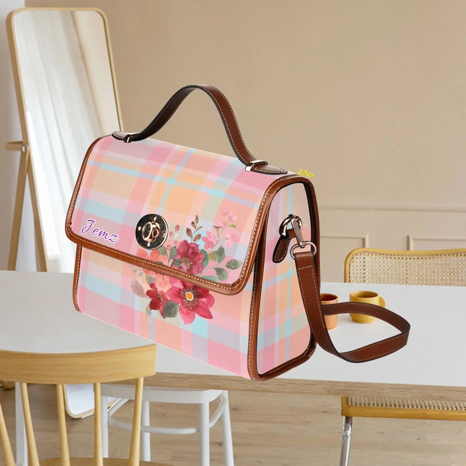Personalized Waterproof Canvas Shoulder Strap Bag Tartan Flower Design - Piryoung Shop