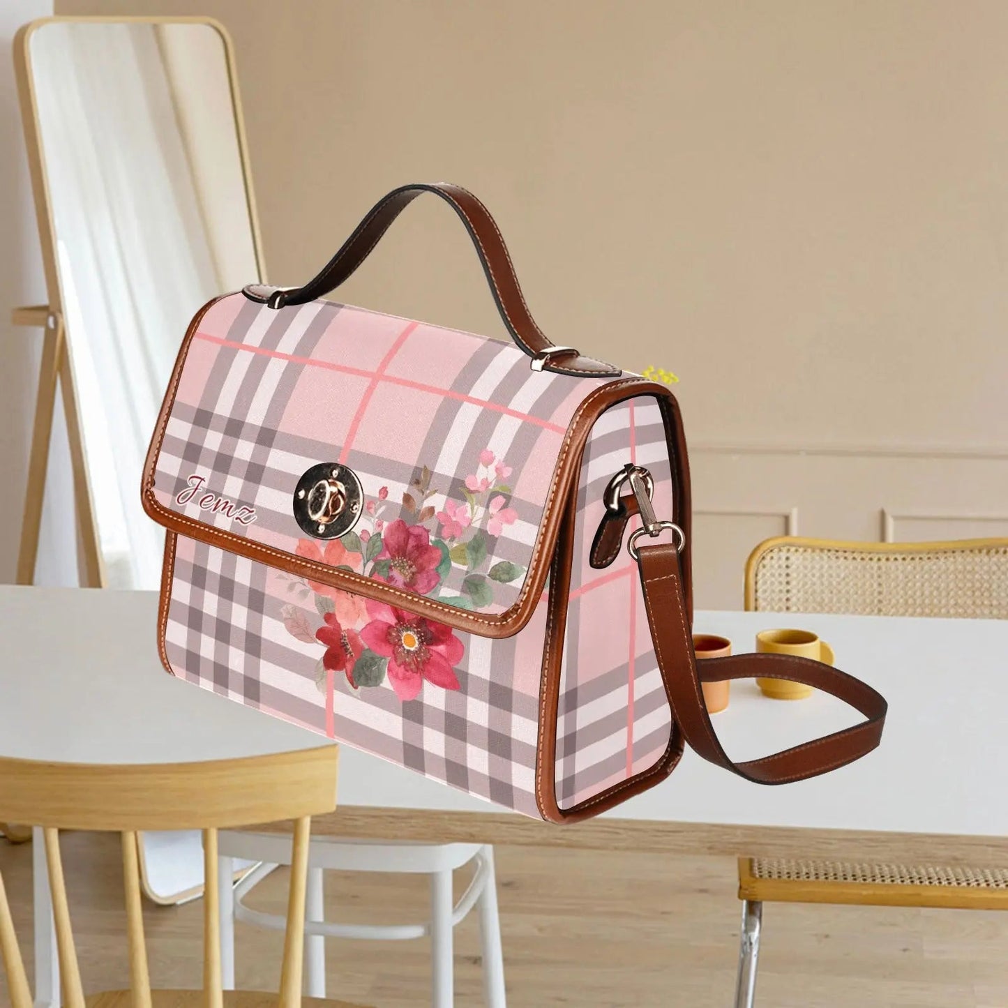 Personalized Waterproof Canvas Shoulder Strap Bag Tartan Flower Design - Piryoung Shop
