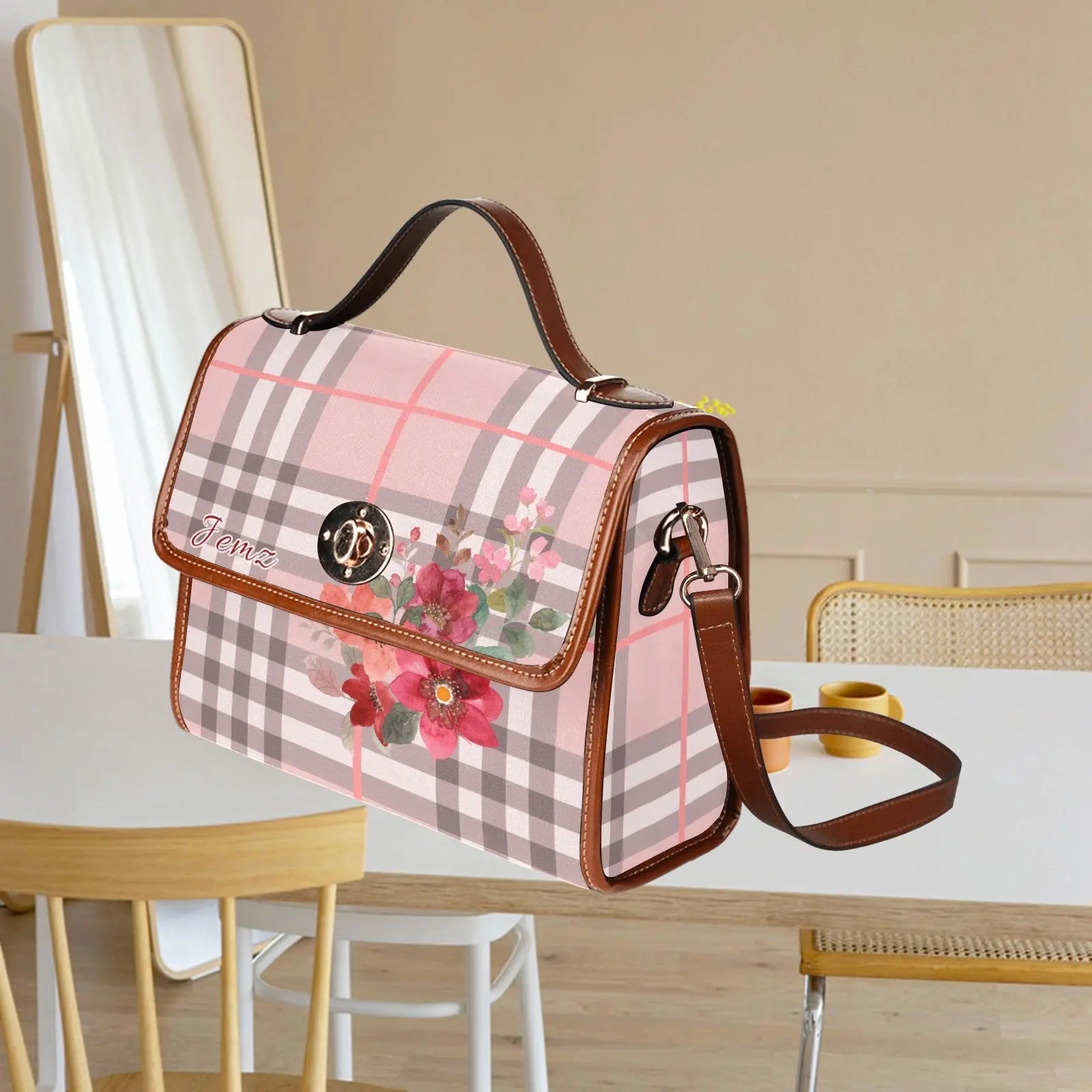 Personalized Waterproof Canvas Shoulder Strap Bag Tartan Flower Design - Piryoung Shop