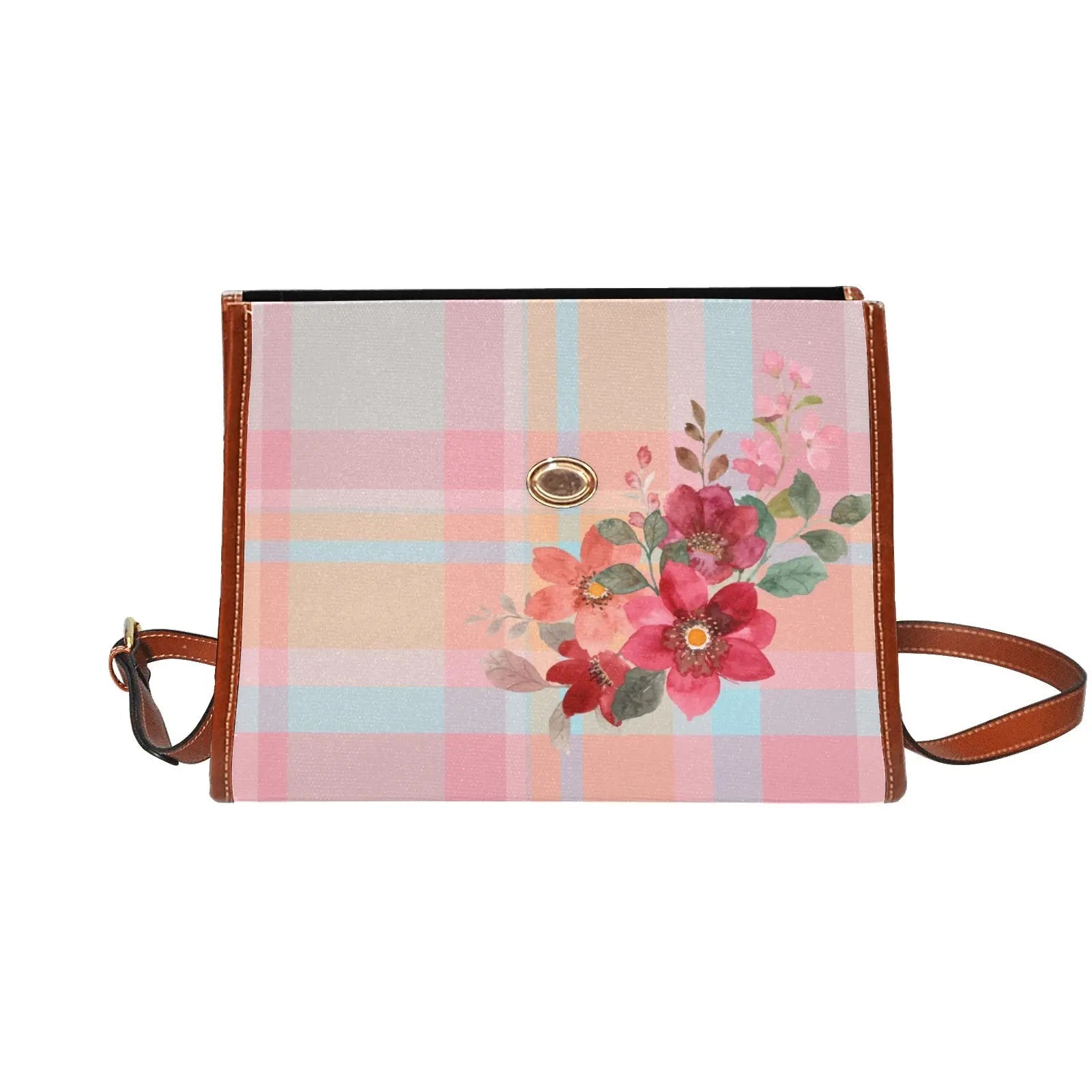 Personalized Waterproof Canvas Shoulder Strap Bag Tartan Flower Design - Piryoung Shop