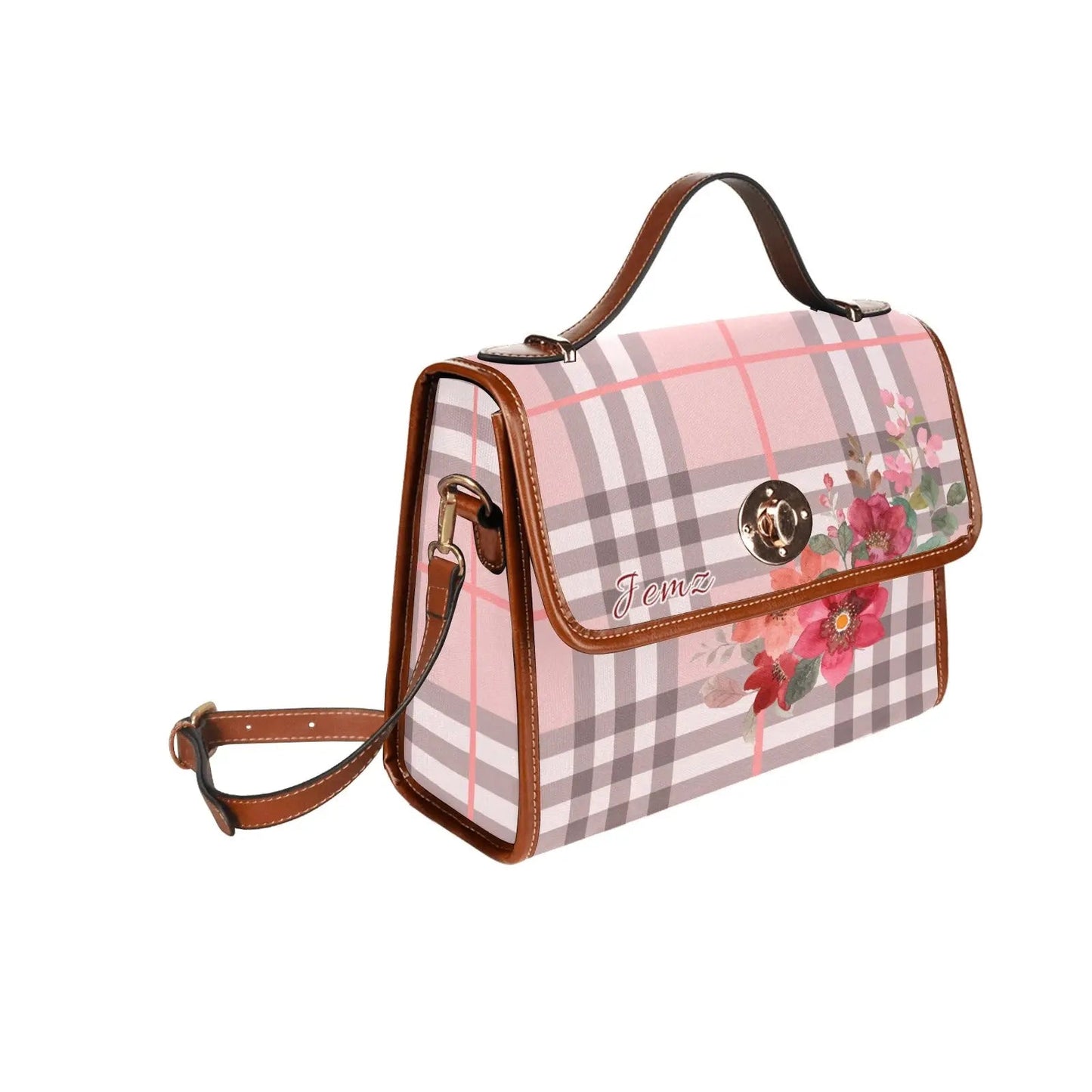 Personalized Waterproof Canvas Shoulder Strap Bag Tartan Flower Design - Piryoung Shop