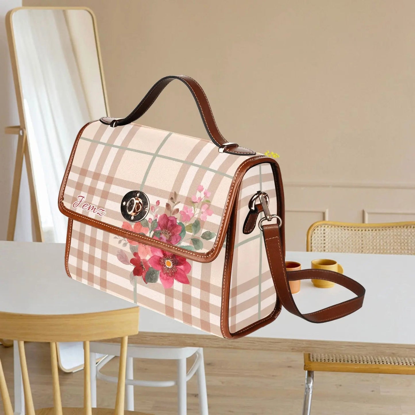 Personalized Waterproof Canvas Shoulder Strap Bag Tartan Flower Design - Piryoung Shop