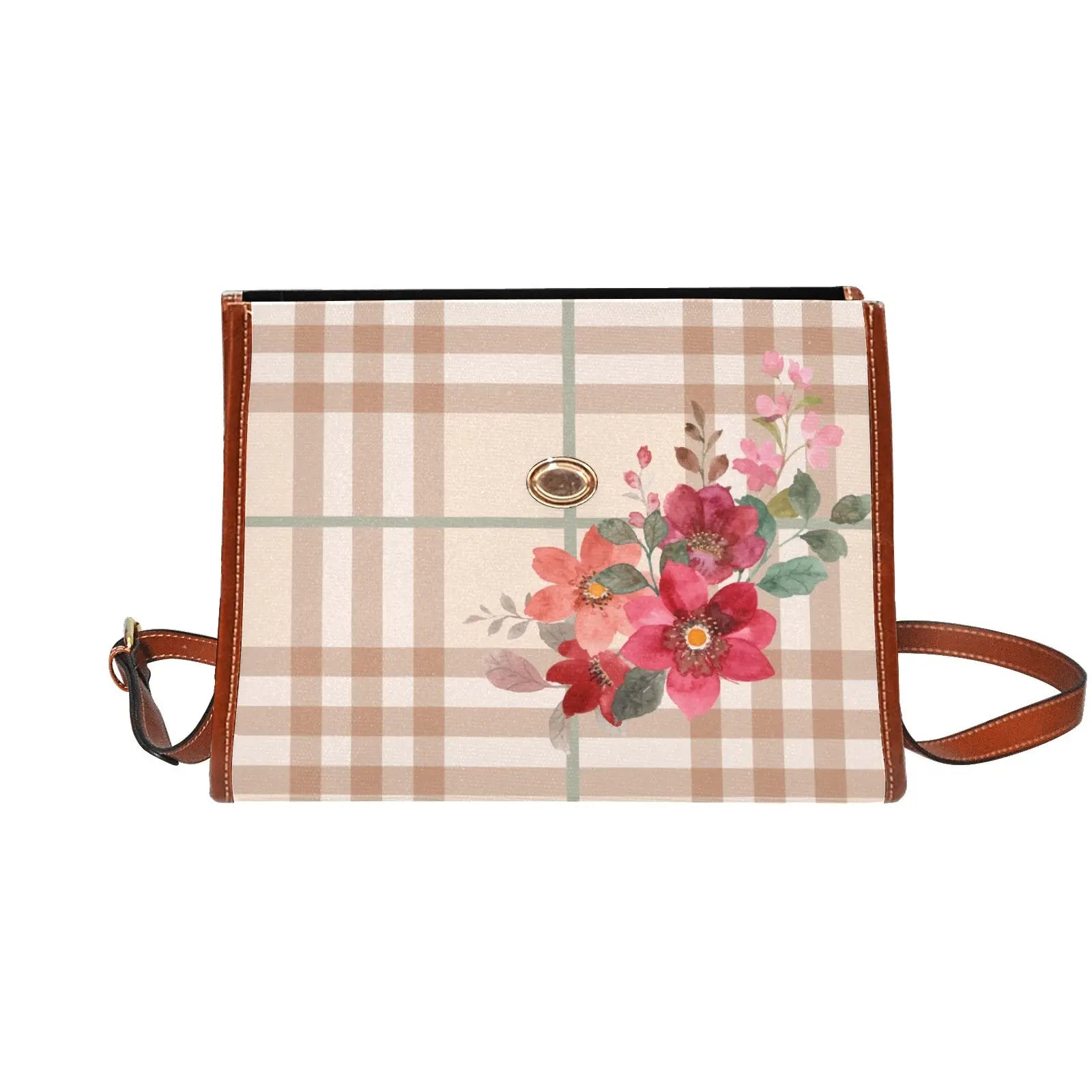 Personalized Waterproof Canvas Shoulder Strap Bag Tartan Flower Design - Piryoung Shop