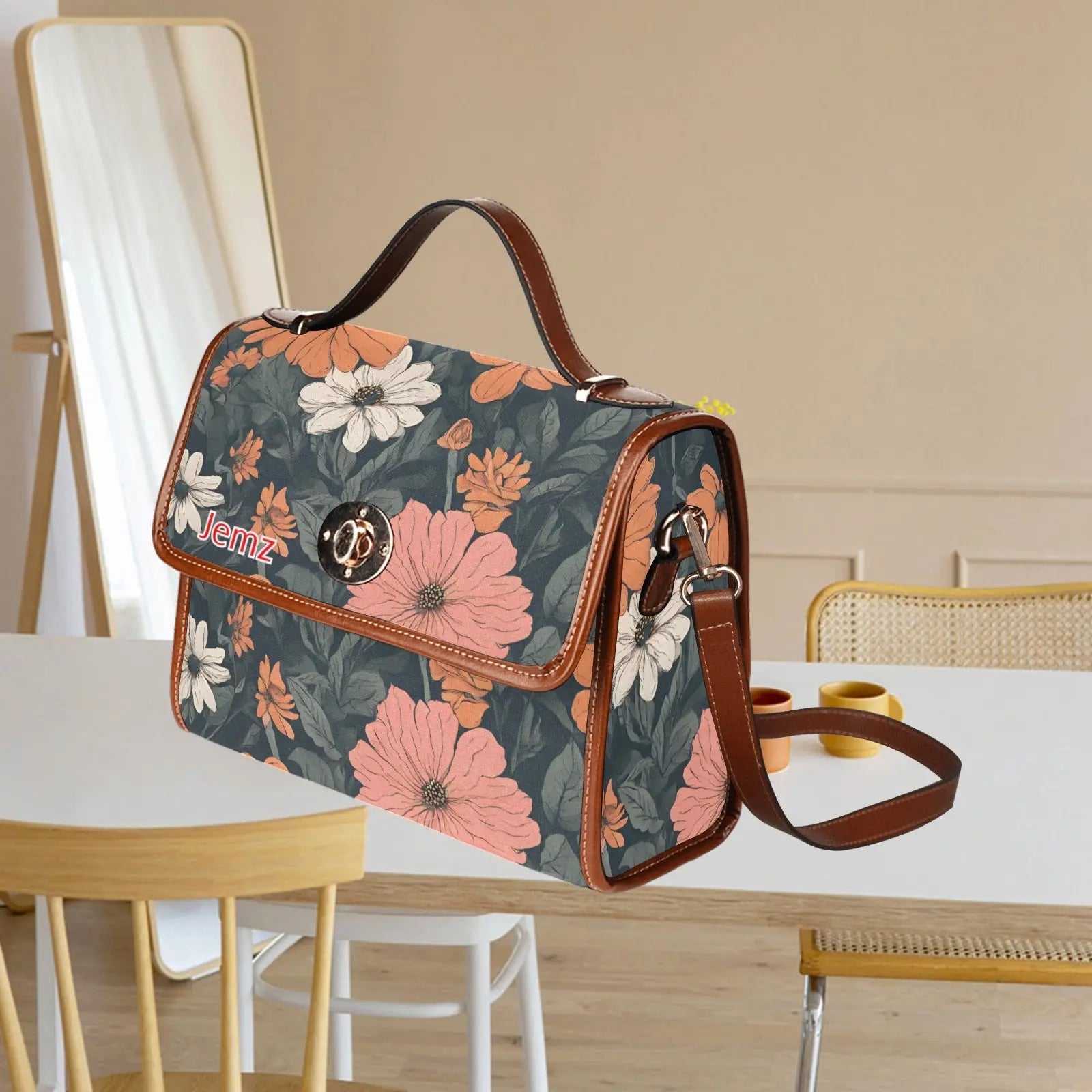 Personalized Waterproof Canvas Shoulder Strap Bag Tartan Flower Design - Piryoung Shop