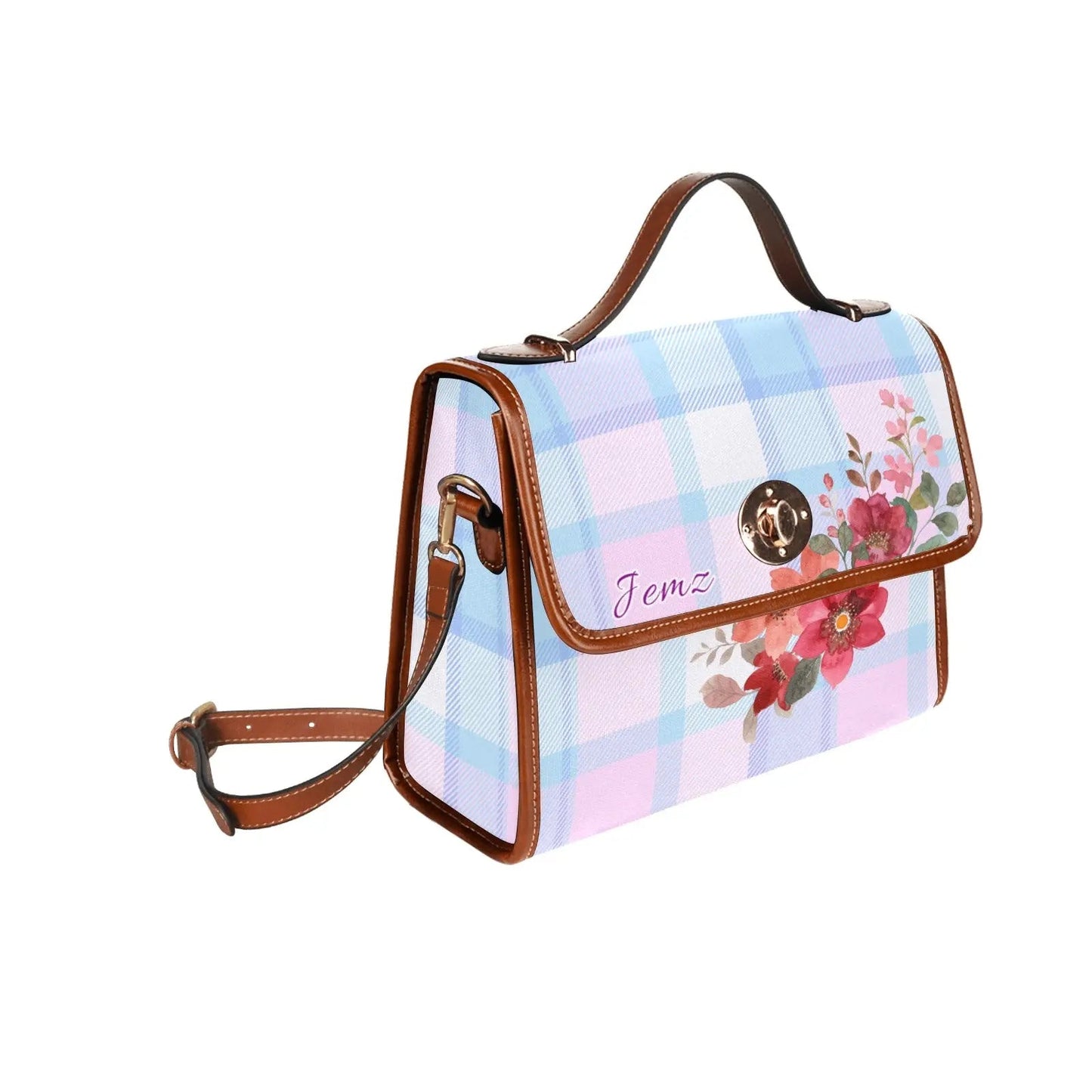 Personalized Waterproof Canvas Shoulder Strap Bag Tartan Flower Design - Piryoung Shop
