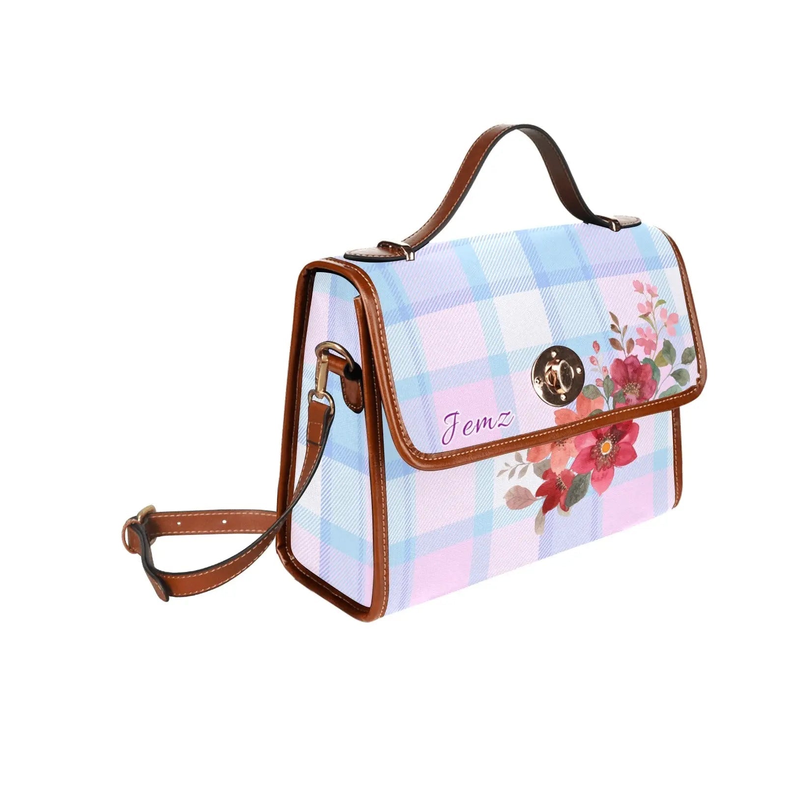 Personalized Waterproof Canvas Shoulder Strap Bag Tartan Flower Design - Piryoung Shop