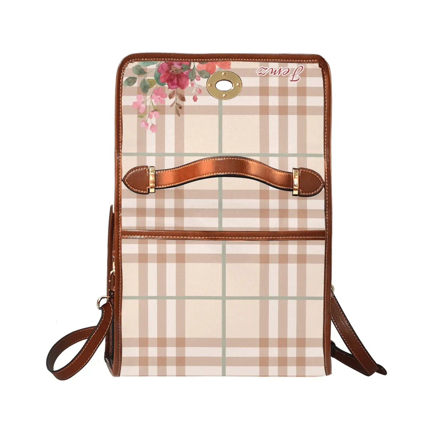 Personalized Waterproof Canvas Shoulder Strap Bag Tartan Flower Design - Piryoung Shop