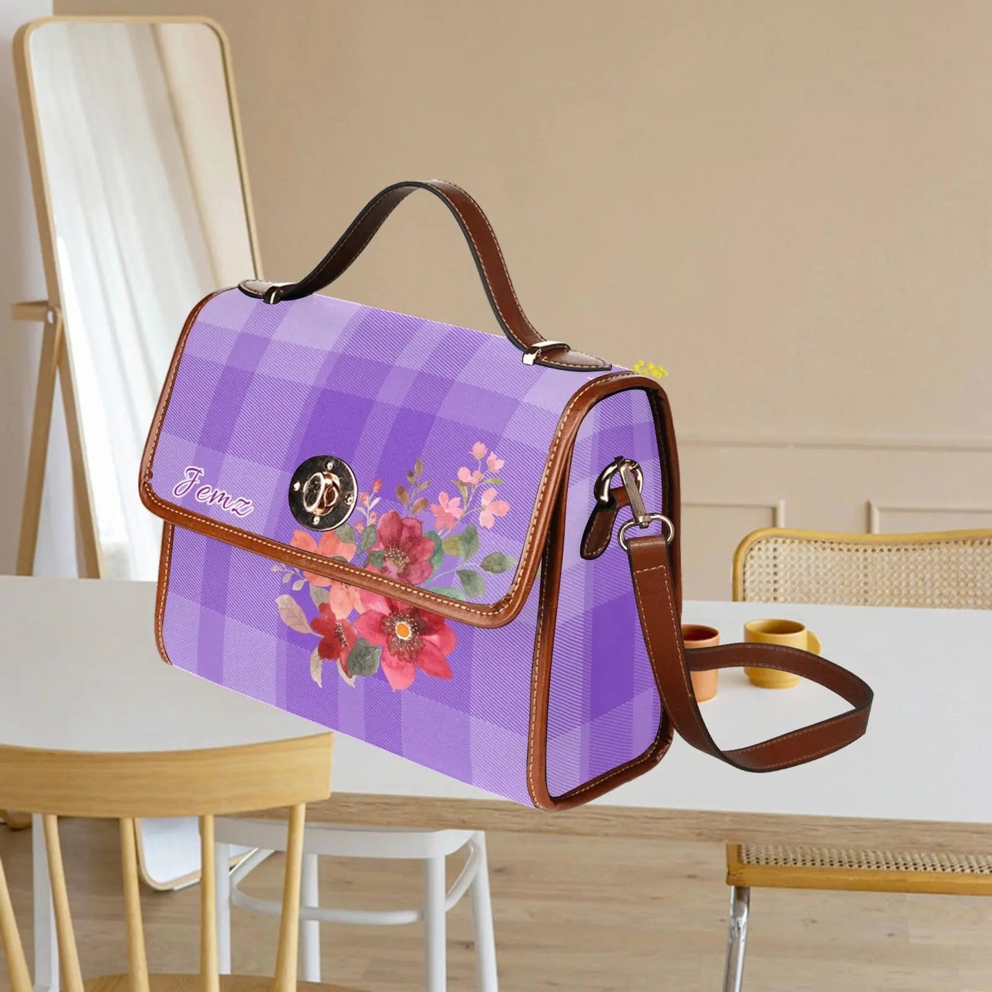 Personalized Waterproof Canvas Shoulder Strap Bag Tartan Flower Design Purple - Piryoung Shop