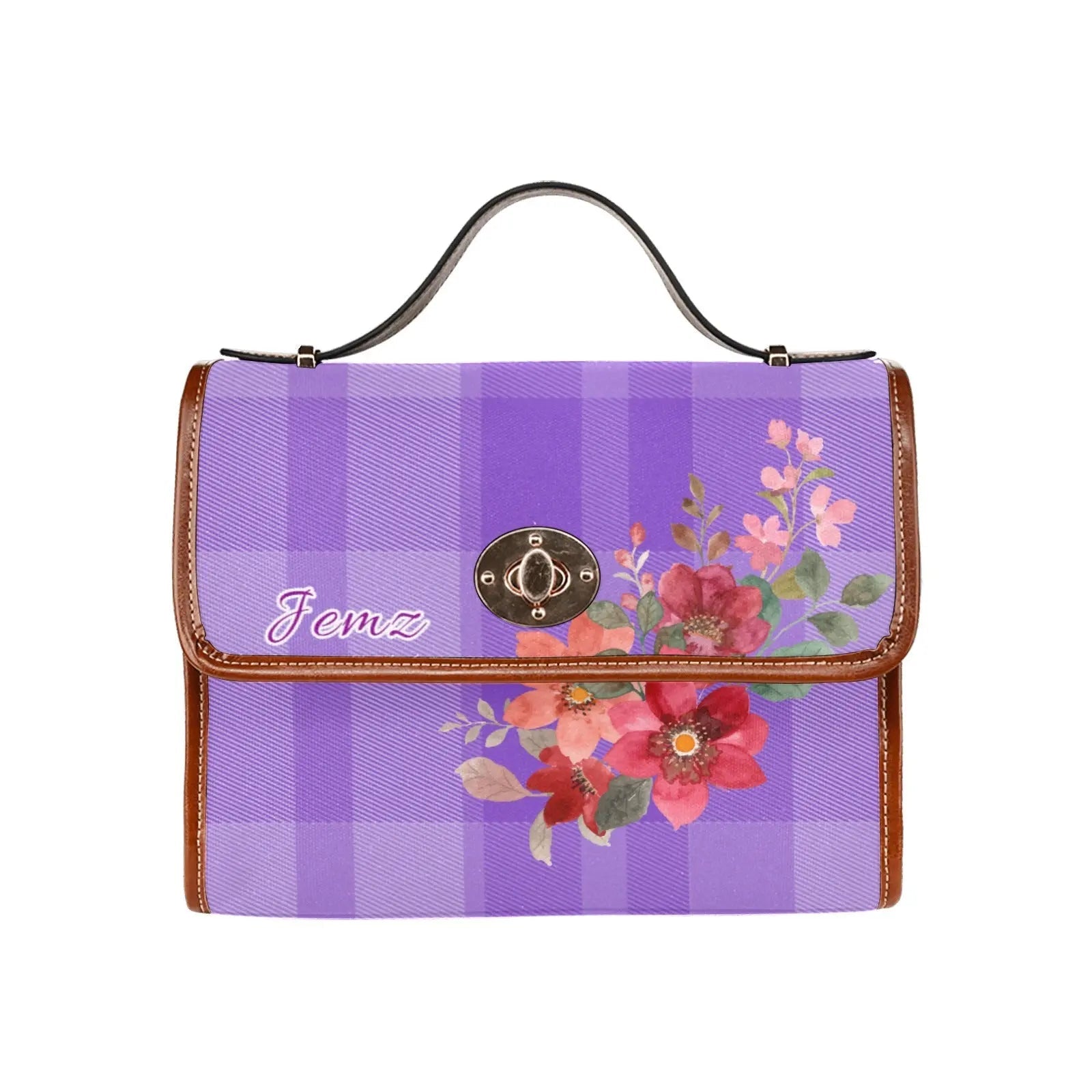 Personalized Waterproof Canvas Shoulder Strap Bag Tartan Flower Design Purple - Piryoung Shop