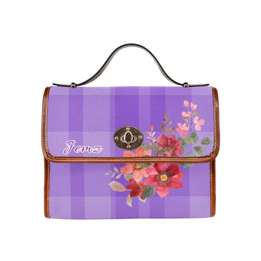 Personalized Waterproof Canvas Shoulder Strap Bag Tartan Flower Design Purple - Piryoung Shop
