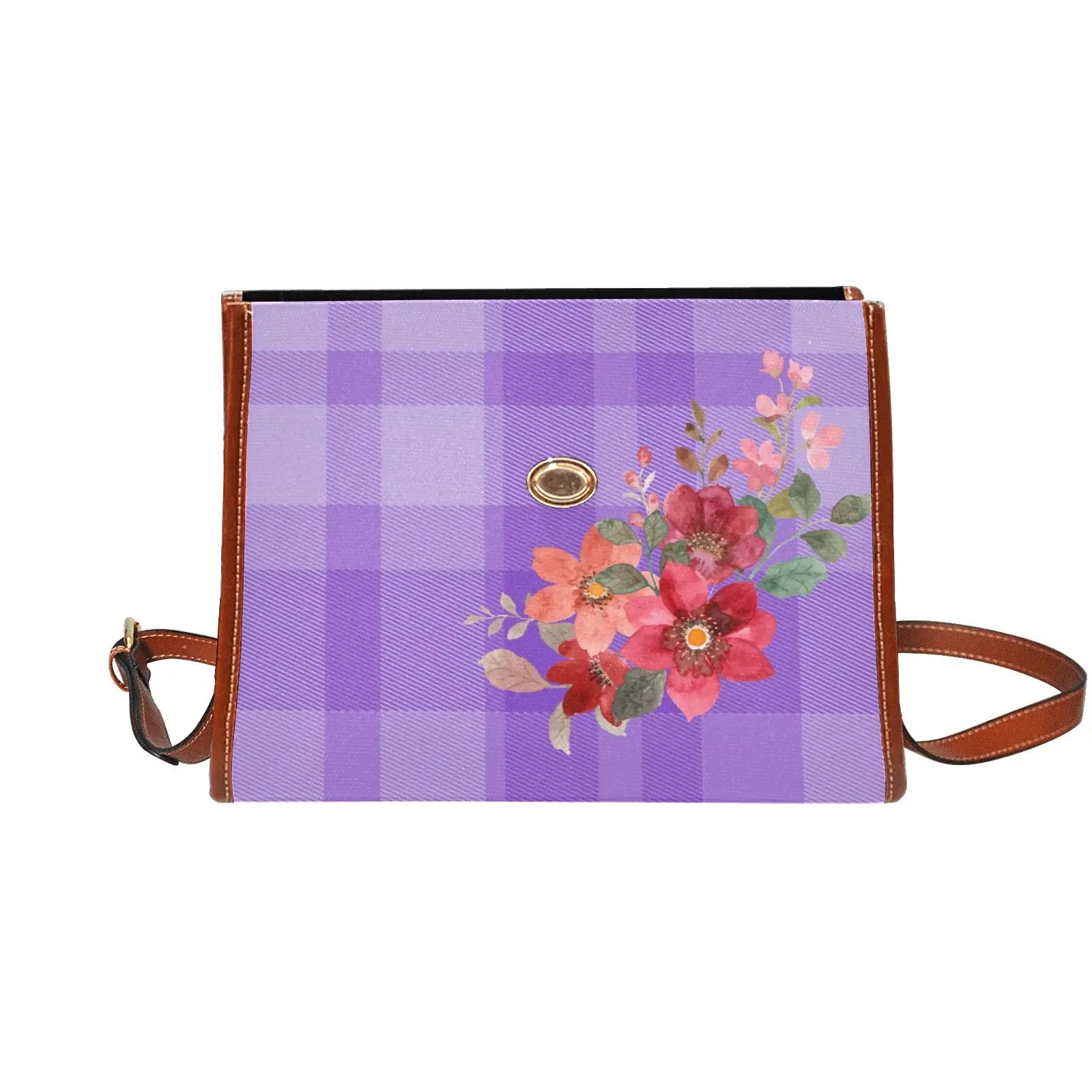 Personalized Waterproof Canvas Shoulder Strap Bag Tartan Flower Design Purple - Piryoung Shop