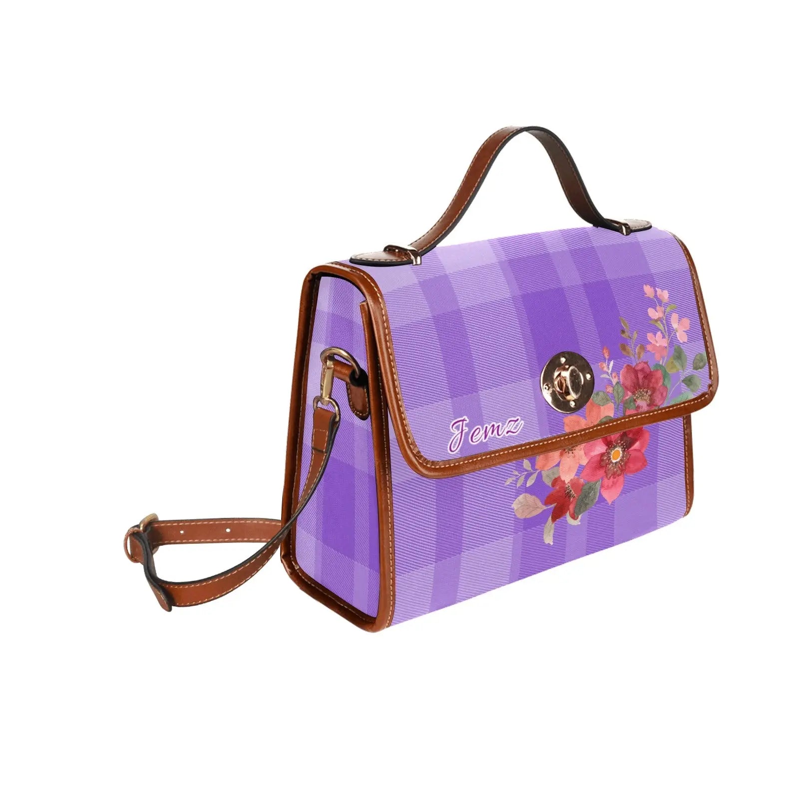 Personalized Waterproof Canvas Shoulder Strap Bag Tartan Flower Design Purple - Piryoung Shop