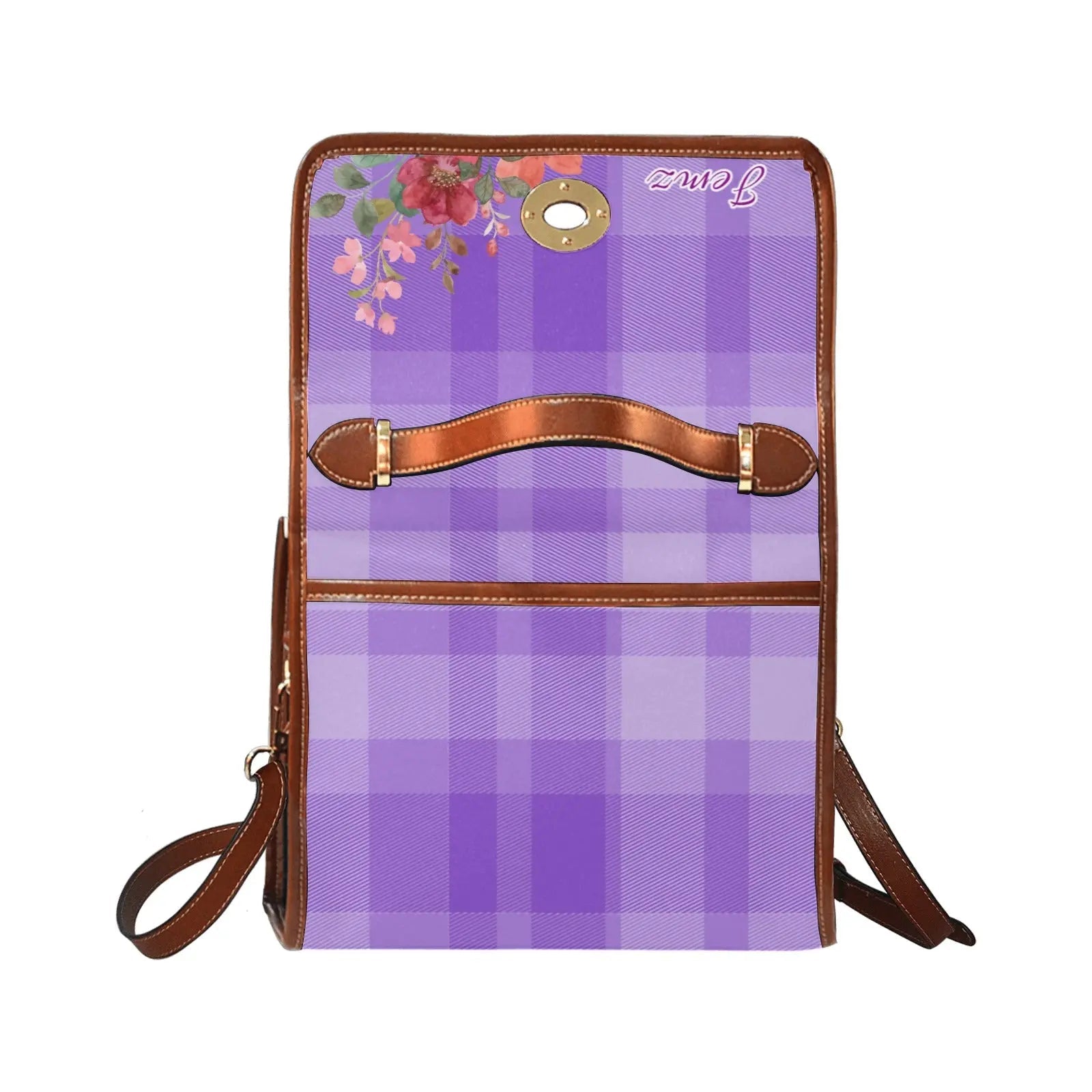 Personalized Waterproof Canvas Shoulder Strap Bag Tartan Flower Design Purple - Piryoung Shop