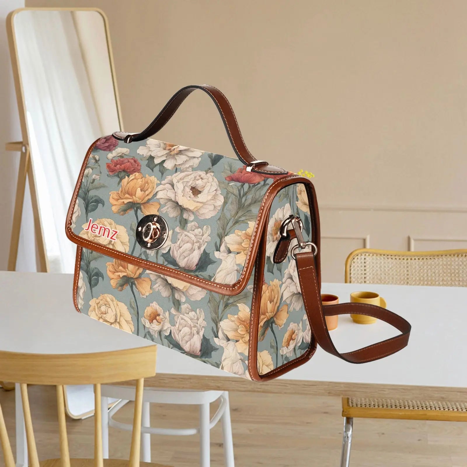 Personalized Waterproof Canvas Shoulder Strap Bag Tartan Flowers Design - Piryoung Shop