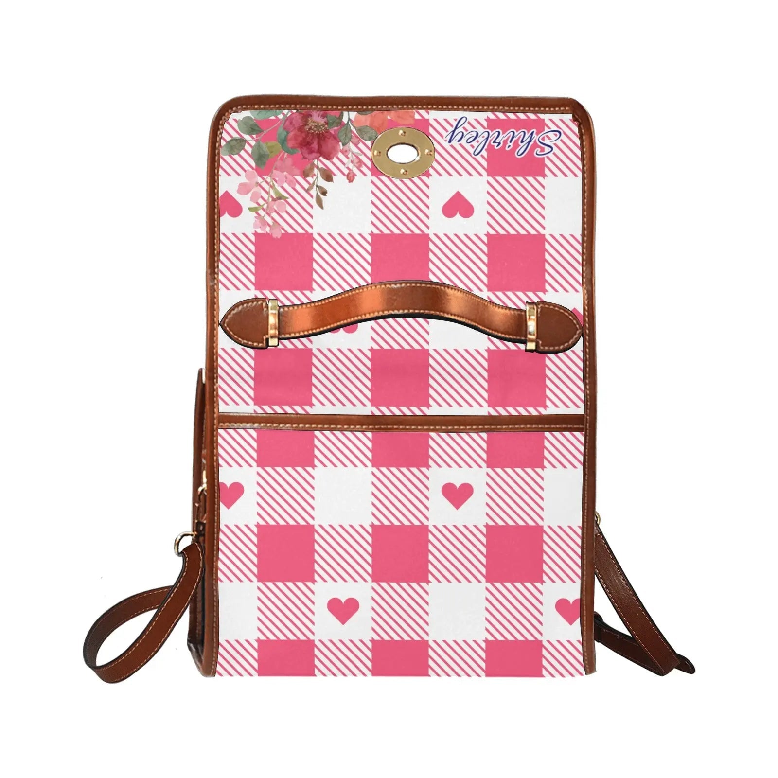 Personalized Waterproof Canvas Shoulder Strap Bag Tartan Heart Pink Flower Combo - Piryoung Shop