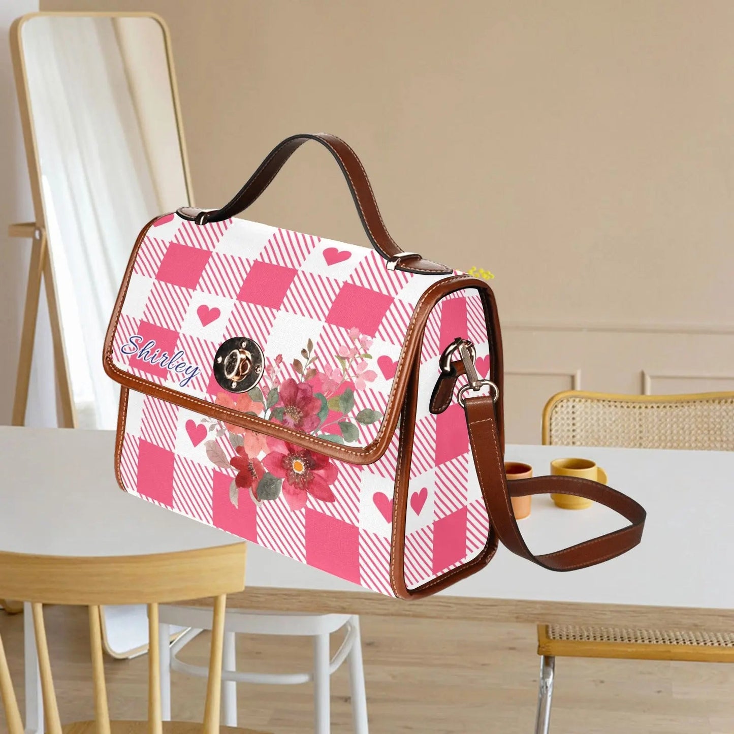 Personalized Waterproof Canvas Shoulder Strap Bag Tartan Heart Pink Flower Combo - Piryoung Shop