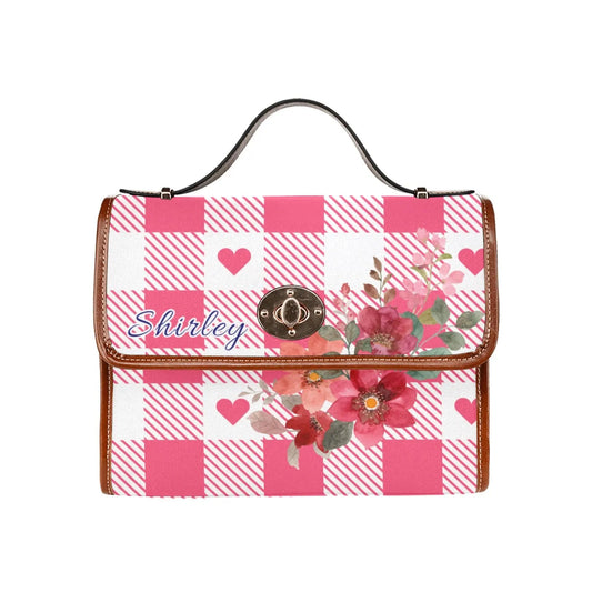 Personalized Waterproof Canvas Shoulder Strap Bag Tartan Heart Pink Flower Combo - Piryoung Shop