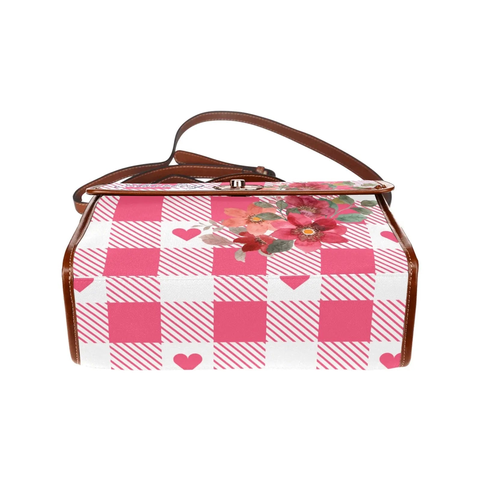 Personalized Waterproof Canvas Shoulder Strap Bag Tartan Heart Pink Flower Combo - Piryoung Shop