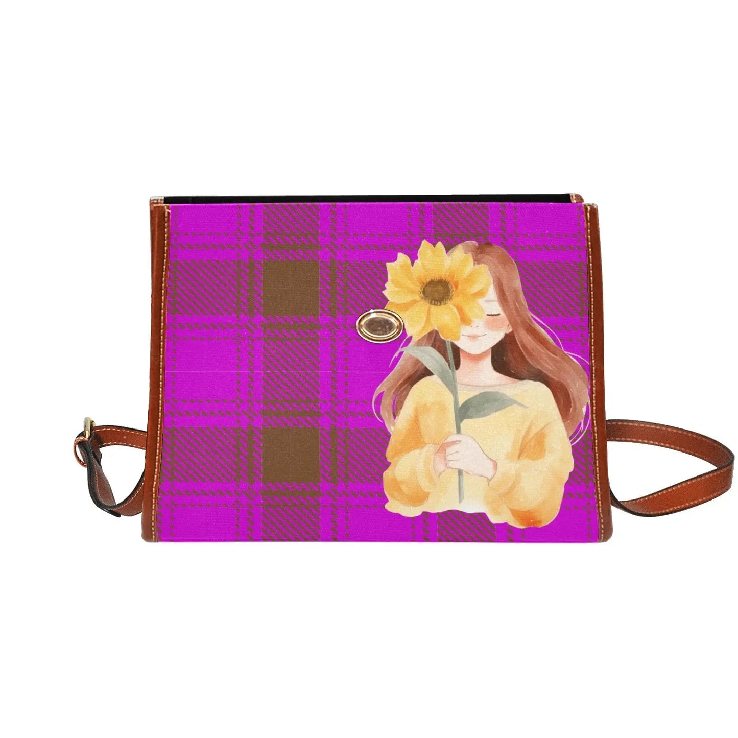 Personalized Waterproof Canvas Shoulder Strap Bag Tartan Margenta Sunflower Girl - Piryoung Shop