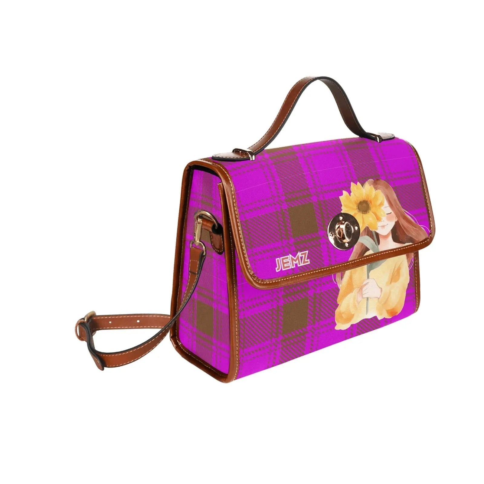 Personalized Waterproof Canvas Shoulder Strap Bag Tartan Margenta Sunflower Girl - Piryoung Shop