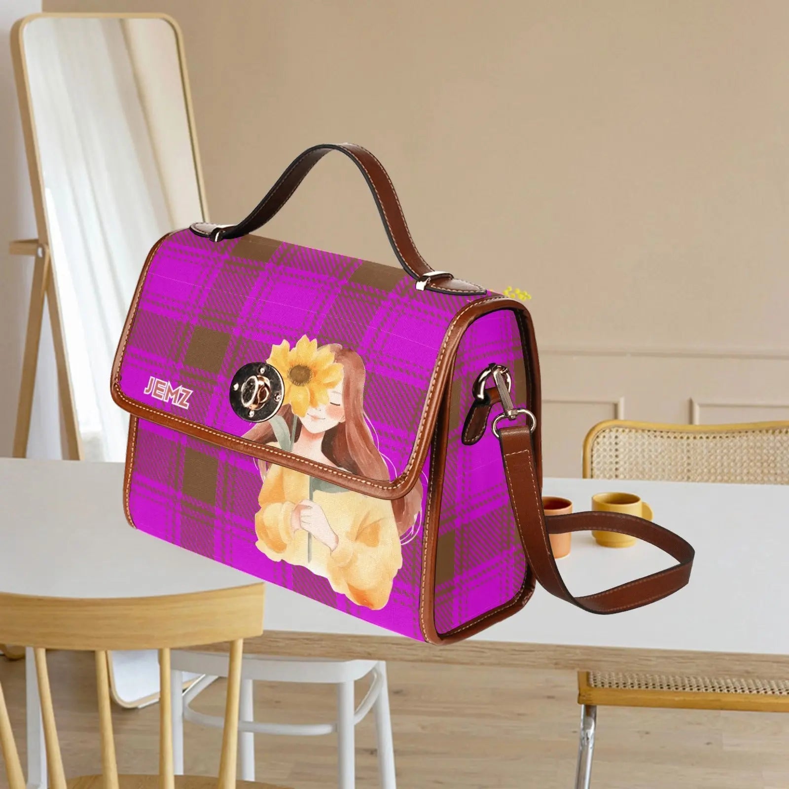 Personalized Waterproof Canvas Shoulder Strap Bag Tartan Margenta Sunflower Girl - Piryoung Shop