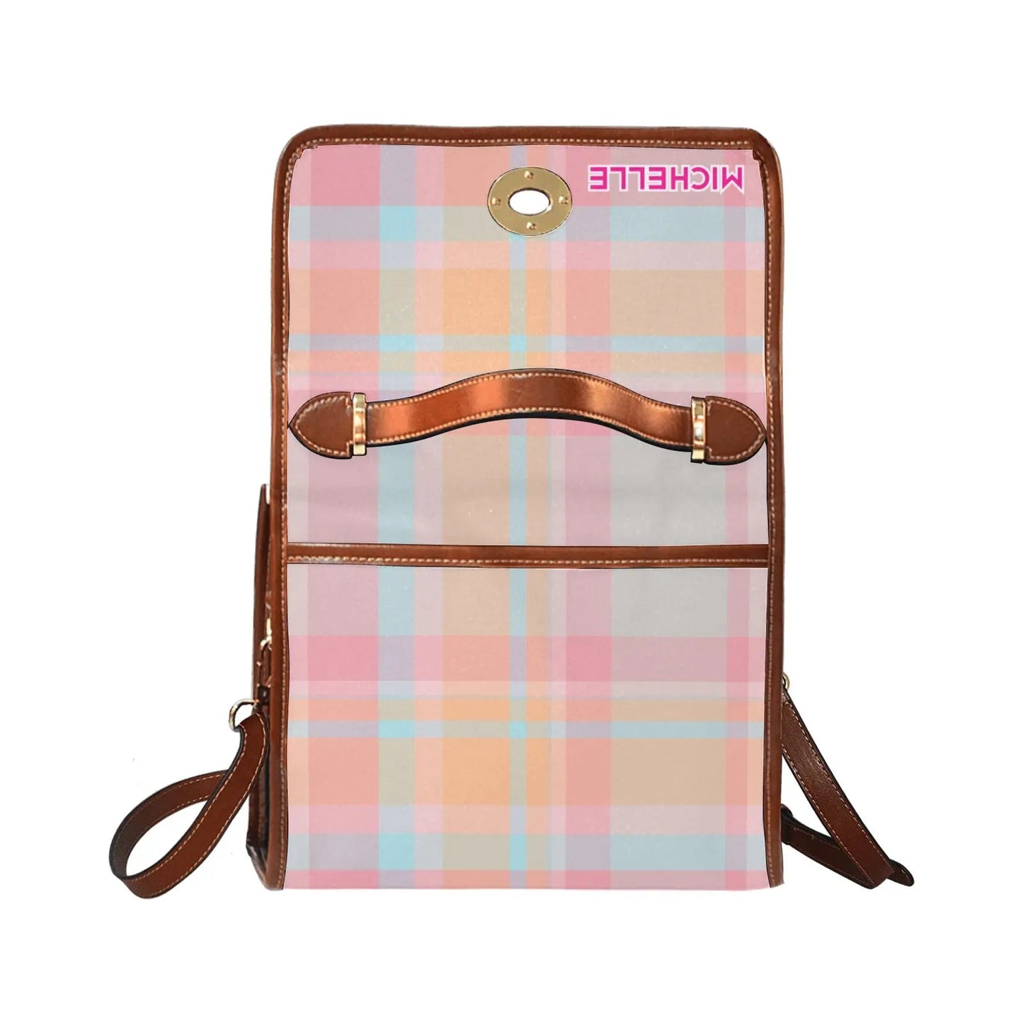 Personalized Waterproof Canvas Shoulder Strap Bag Tartan Pink - Piryoung Shop