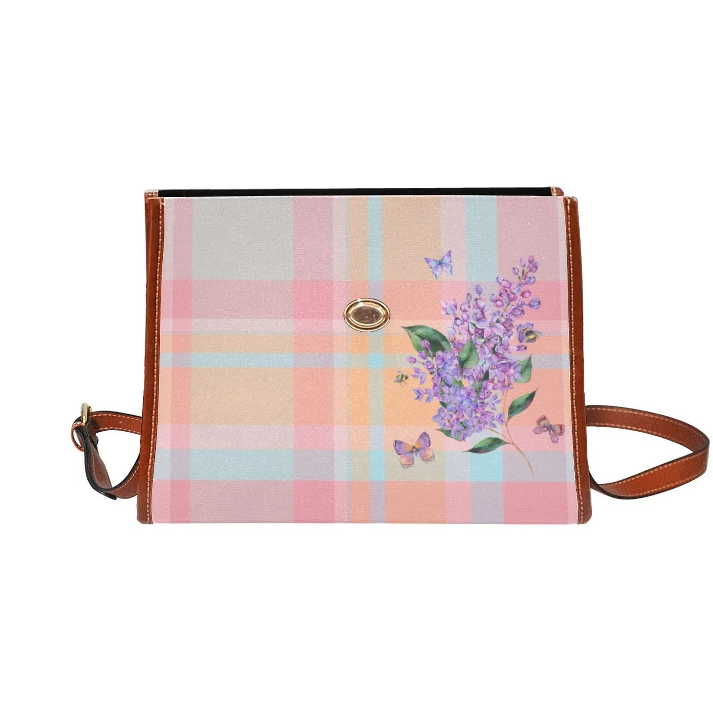 Personalized Waterproof Canvas Shoulder Strap Bag Tartan Pink - Piryoung Shop