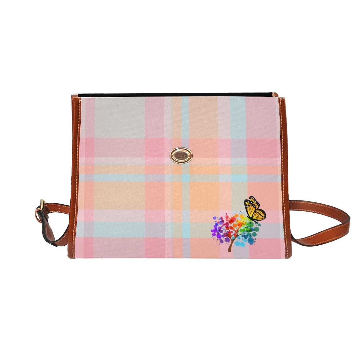Personalized Waterproof Canvas Shoulder Strap Bag Tartan Pink - Piryoung Shop
