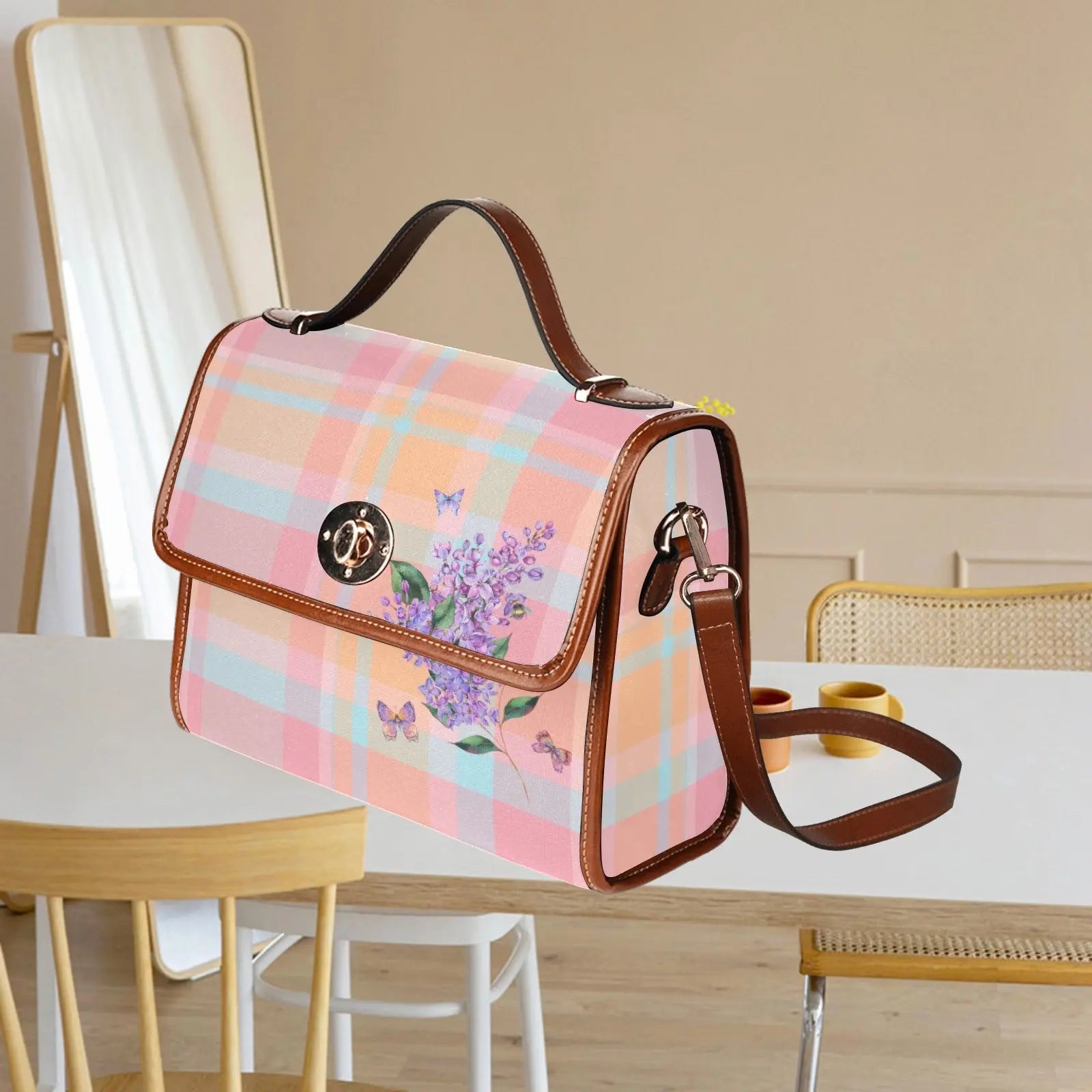 Personalized Waterproof Canvas Shoulder Strap Bag Tartan Pink - Piryoung Shop