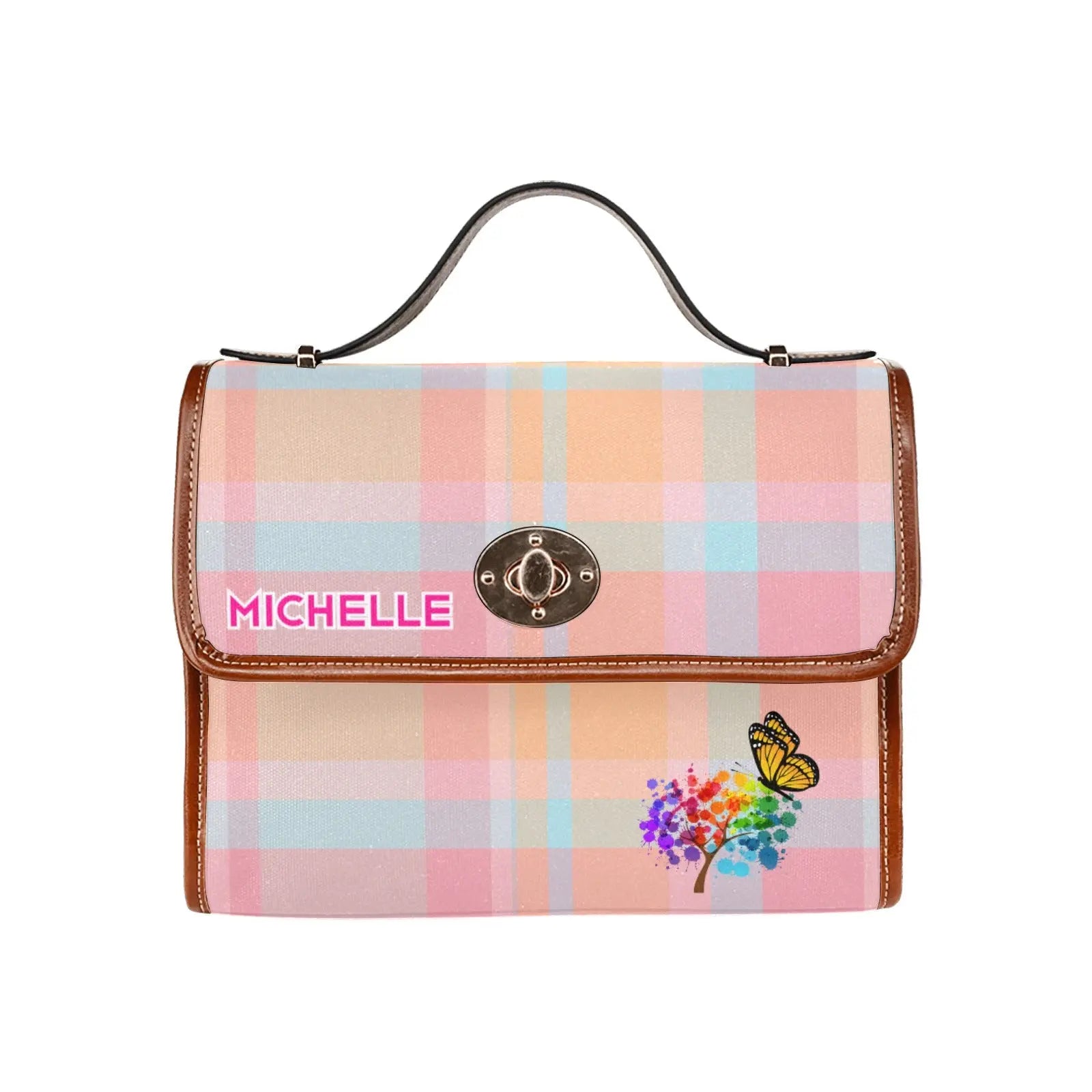 Personalized Waterproof Canvas Shoulder Strap Bag Tartan Pink - Piryoung Shop