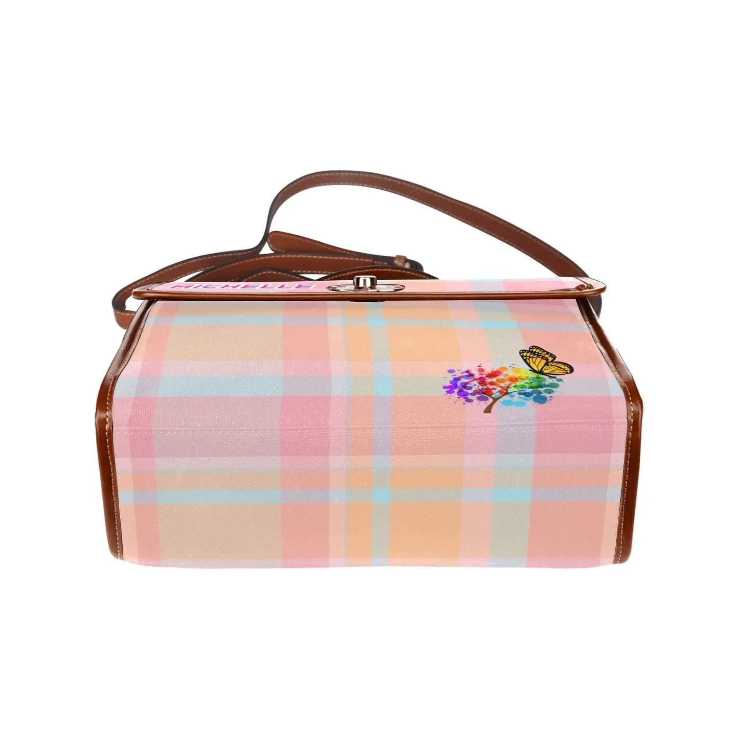 Personalized Waterproof Canvas Shoulder Strap Bag Tartan Pink - Piryoung Shop