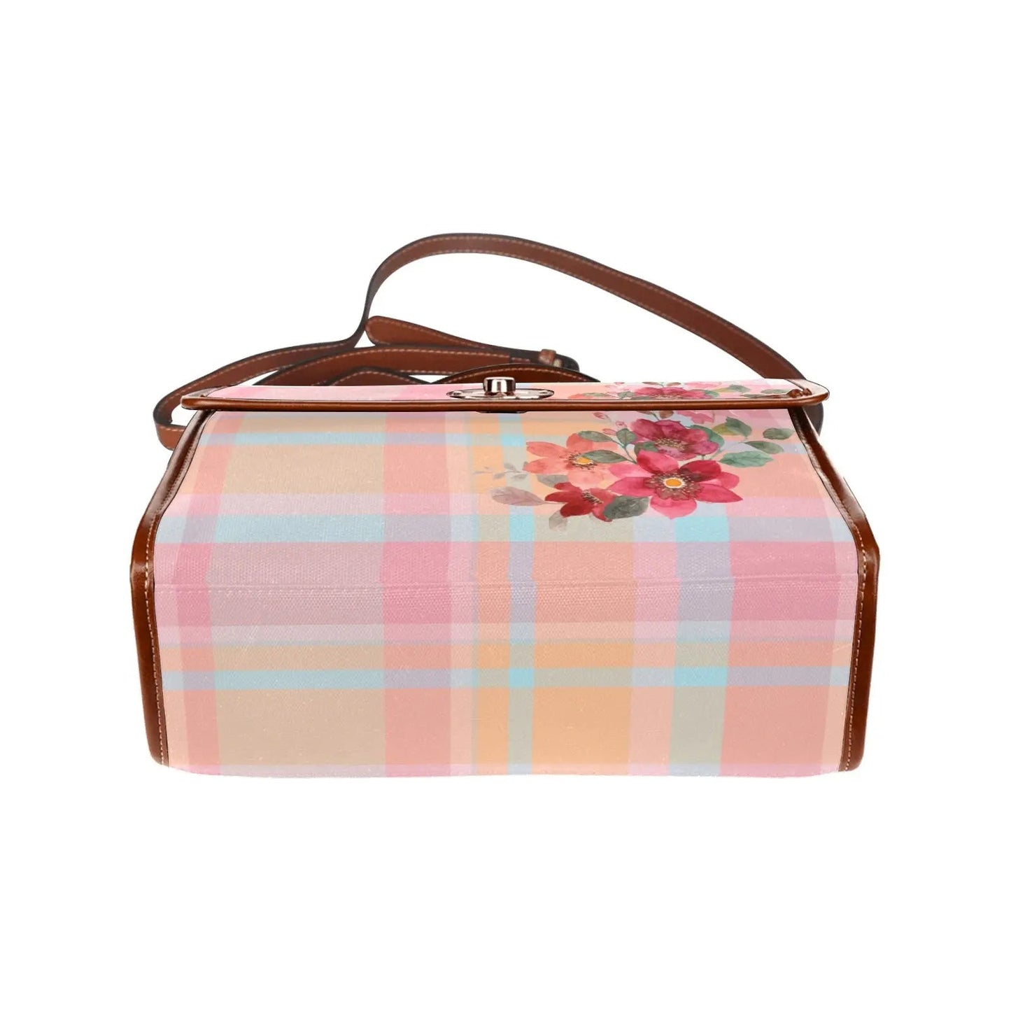 Personalized Waterproof Canvas Shoulder Strap Bag Tartan Pink Flower - Piryoung Shop
