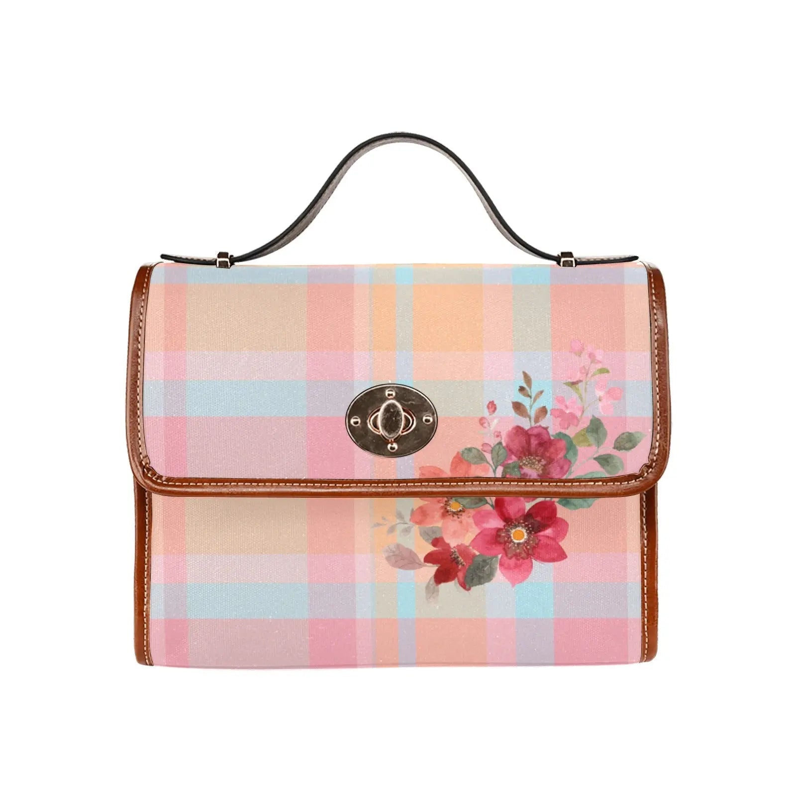Personalized Waterproof Canvas Shoulder Strap Bag Tartan Pink Flower - Piryoung Shop